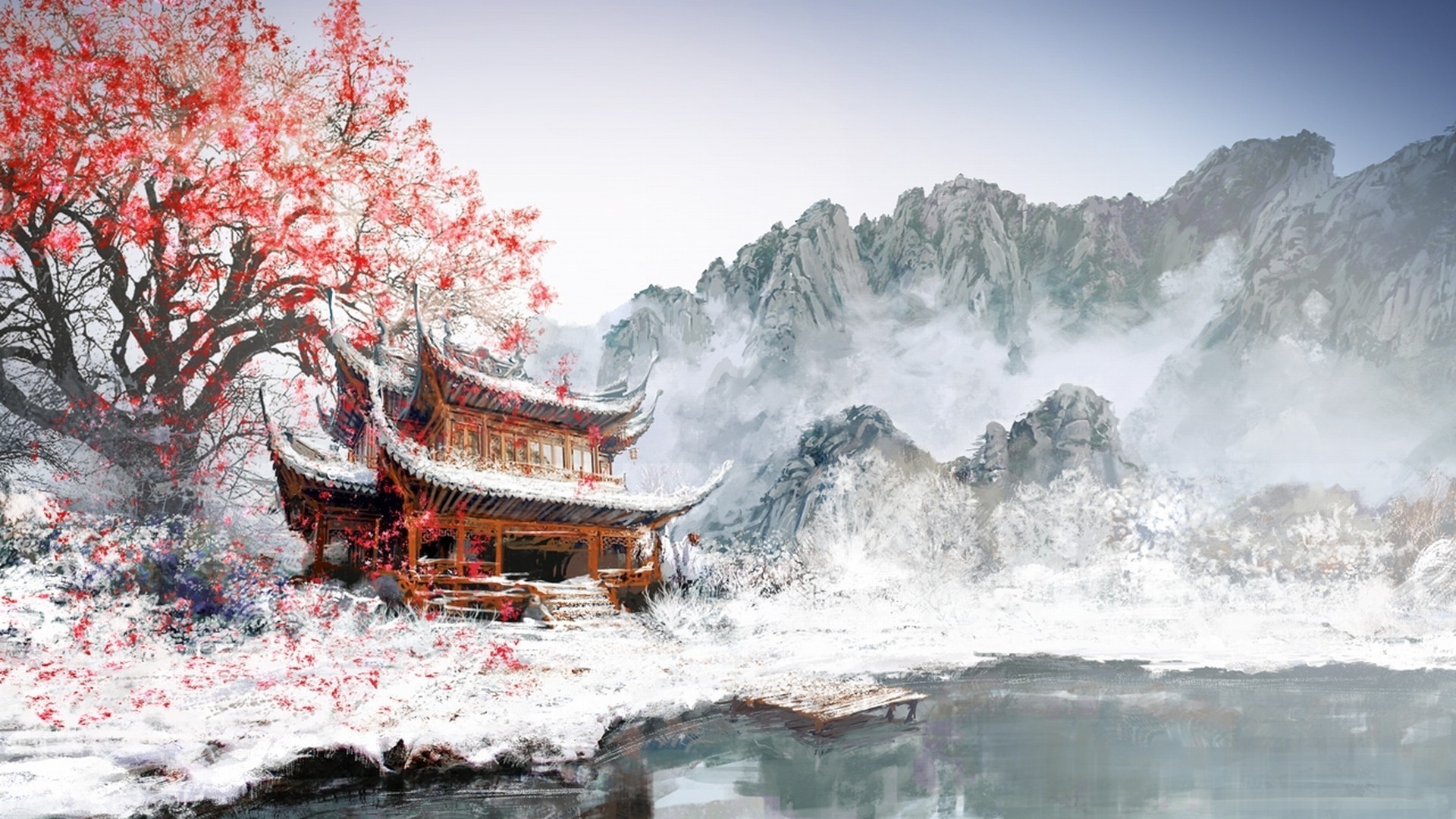 1920x1080 painting, Japan, Winter, White, Snow, Mountain, Cherry Blossom Wallpapers  HD / Desktop and Mobile Backgrounds