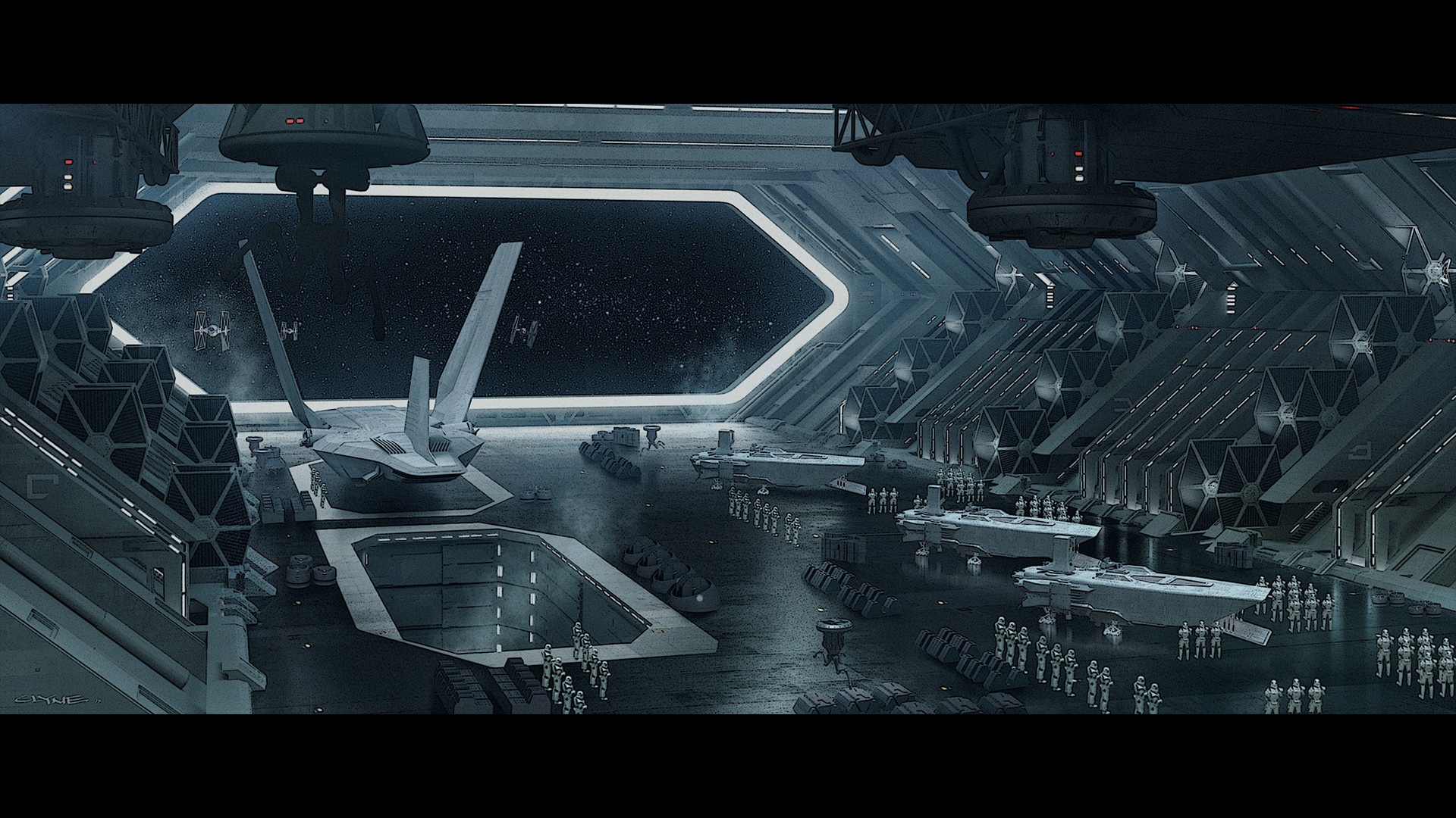 1920x1080 TIE Loading Wide - James Clyne conceived this look at the hangar of Hux and  Ren's flagship Star Destroyer, Finalizer. Although the design of Ren's  shuttle ...