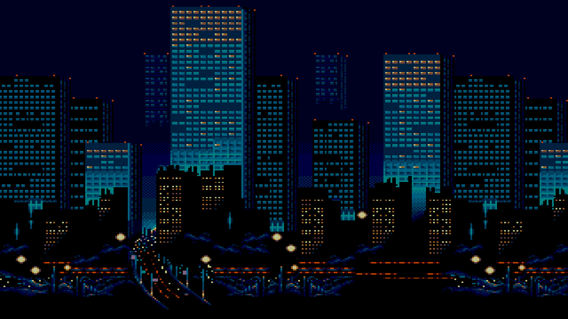 1920x1080 A city at night, pixel art edition.