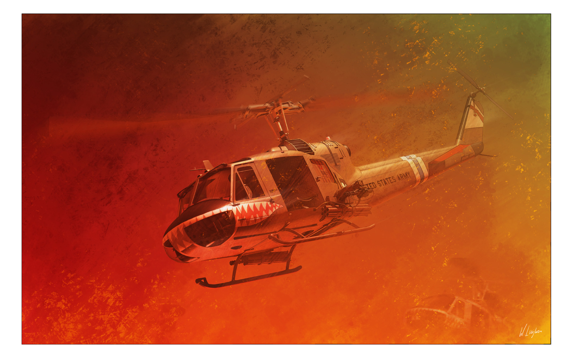 1920x1200 The image depicts a huey gunship coming in to give fire support for their  buddies.
