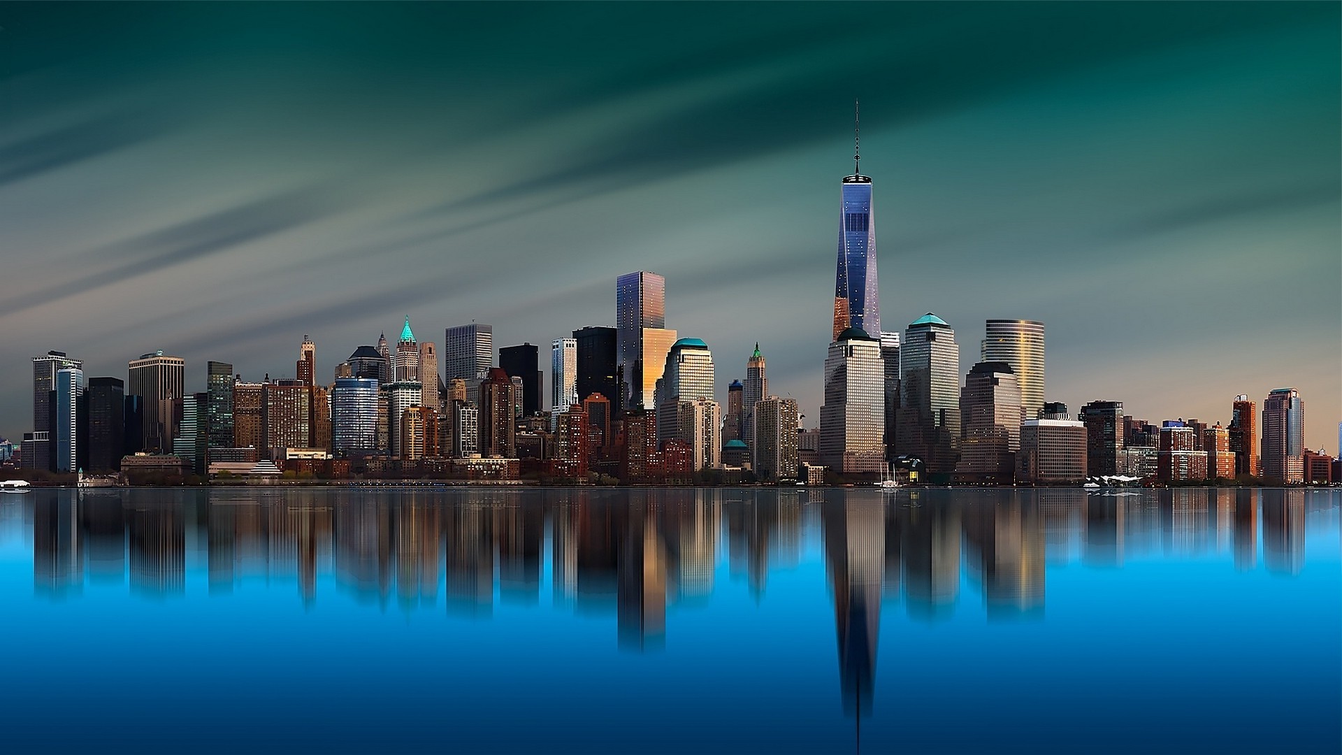 1920x1080 landscape, Architecture, World Trade Center, New York City, Manhattan,  Island, Skyscraper, Metropolis, Building, Reflection, Sunrise, Calm, Sea,  Water, ...