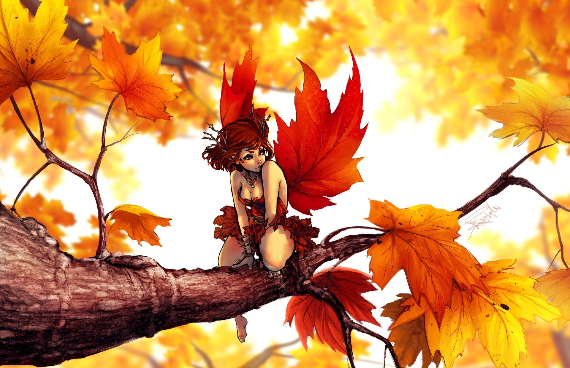 1920x1242 artwork, Fantasy Art, Digital Art, Fairies, Leaves, Maple Leaves, Trees  Wallpaper HD