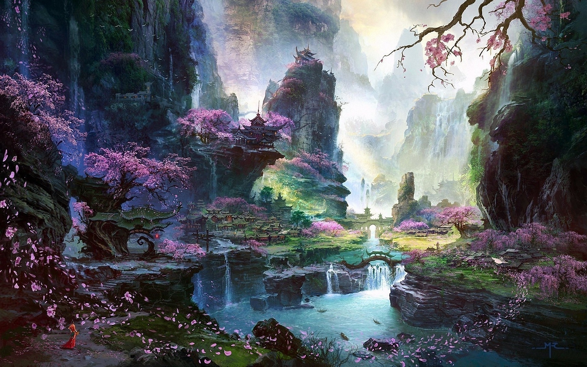 1920x1200 Download HD fantasy Art, Asian Architecture, Cherry Blossom Wallpapers