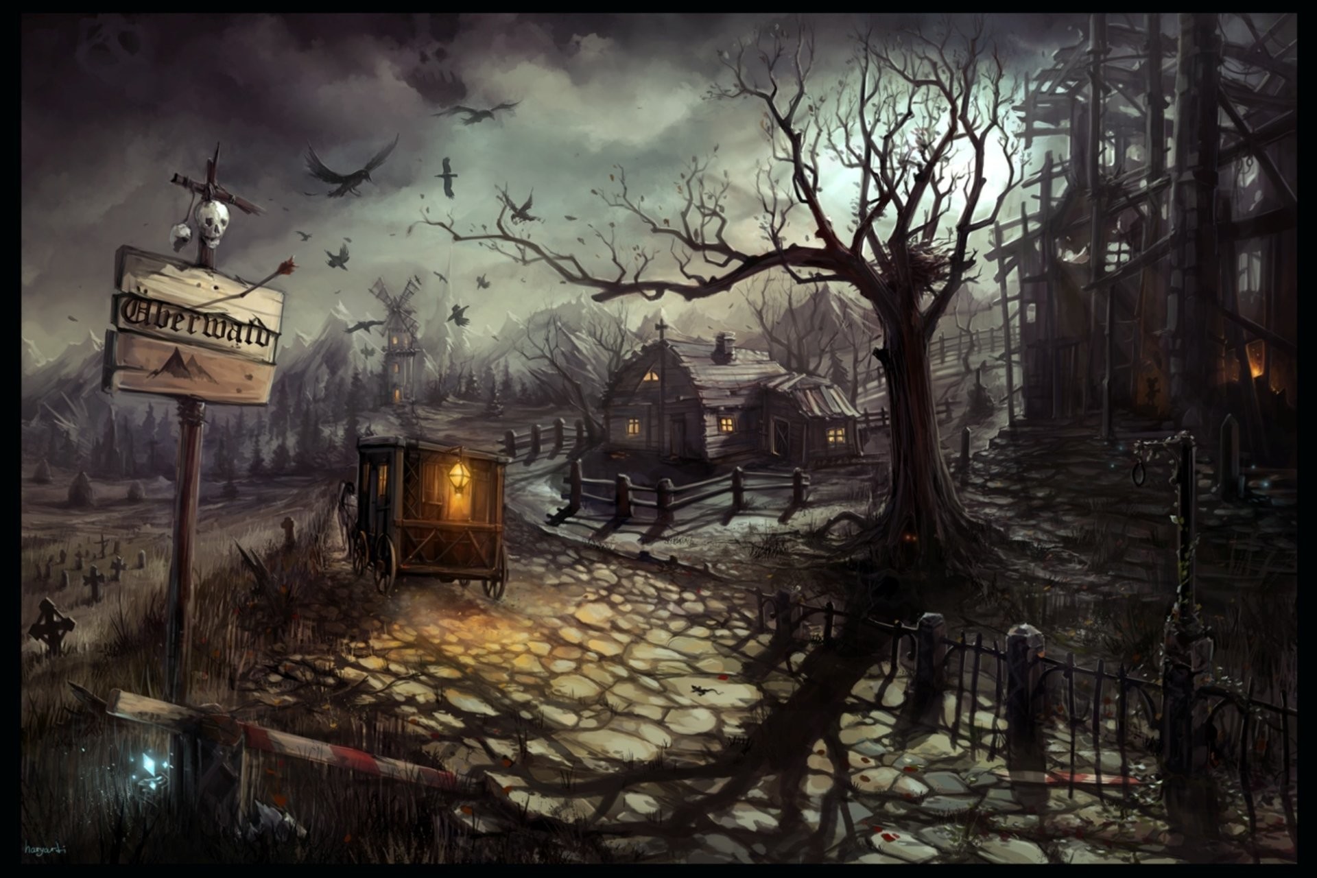 1920x1280 Dark - Haunted Tree House Mountain Windmill Crow Creepy Night Wallpaper