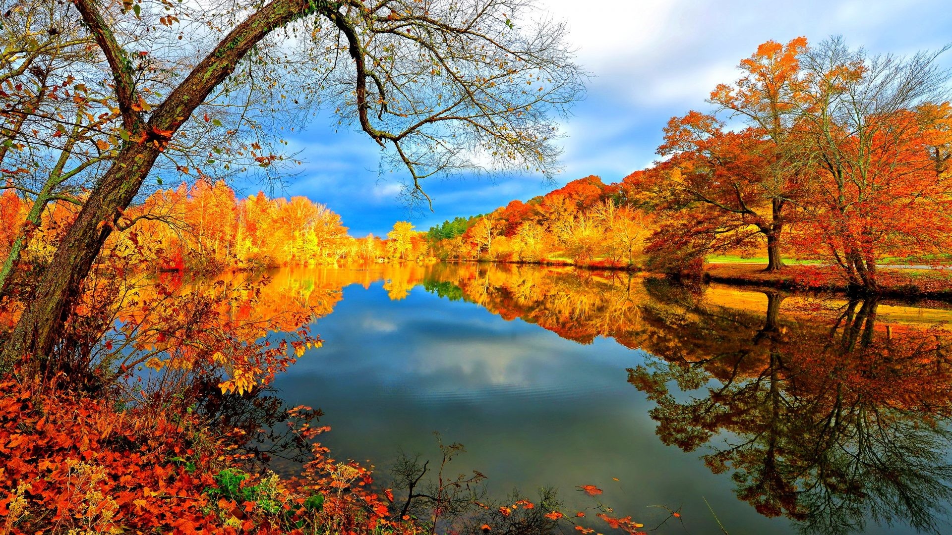 1920x1080 Mountains Tag - Colorful Fall Hills Mirrored Leaves Lake Peaceful Clouds  Lovely Nice Autumn Lakeshore Sunny