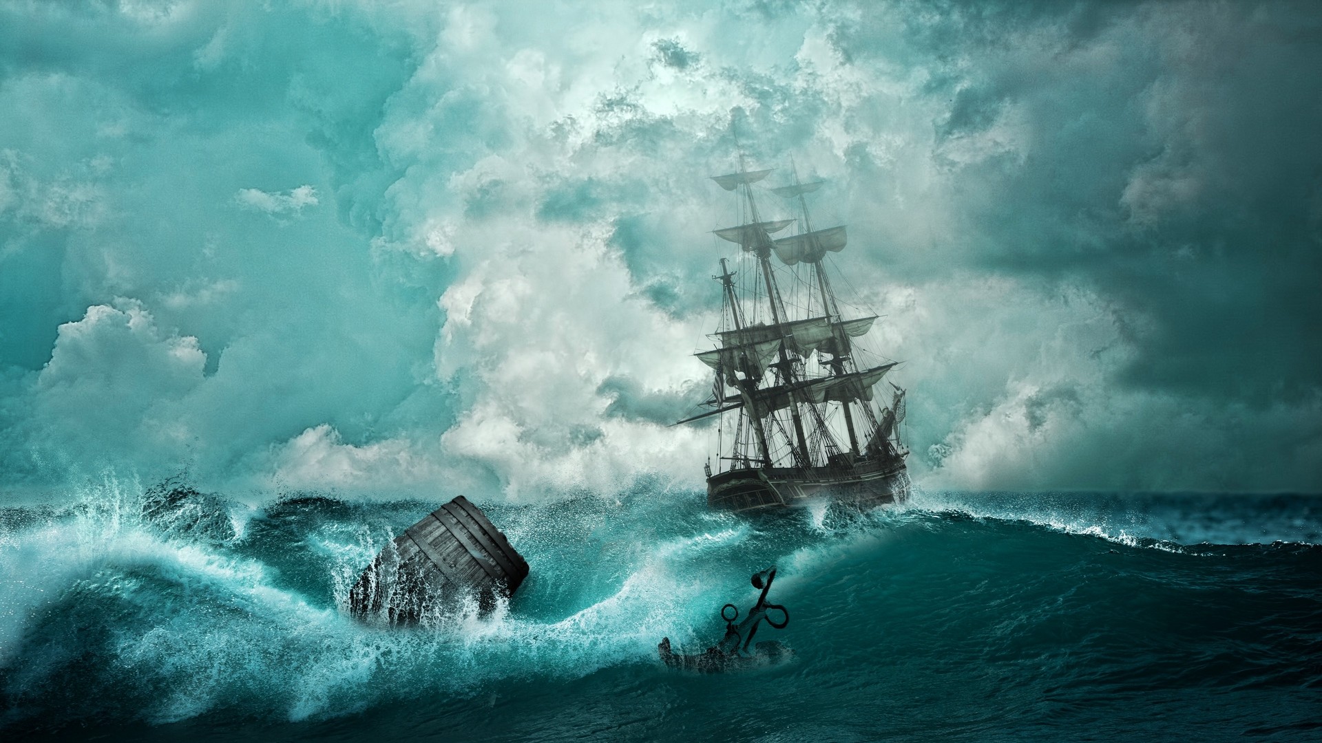 1920x1080  Wallpaper ship, storm, waves, anchor, photoshop