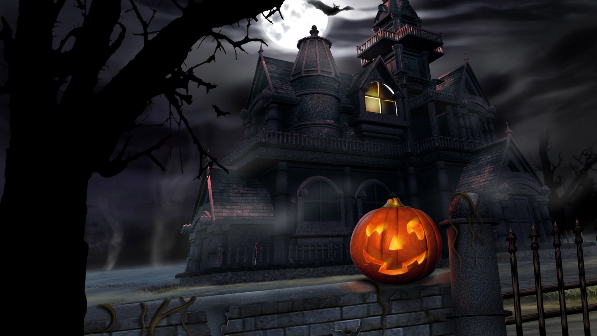1920x1080  Wallpaper halloween, pumpkin, lantern, house, darkness, gloom