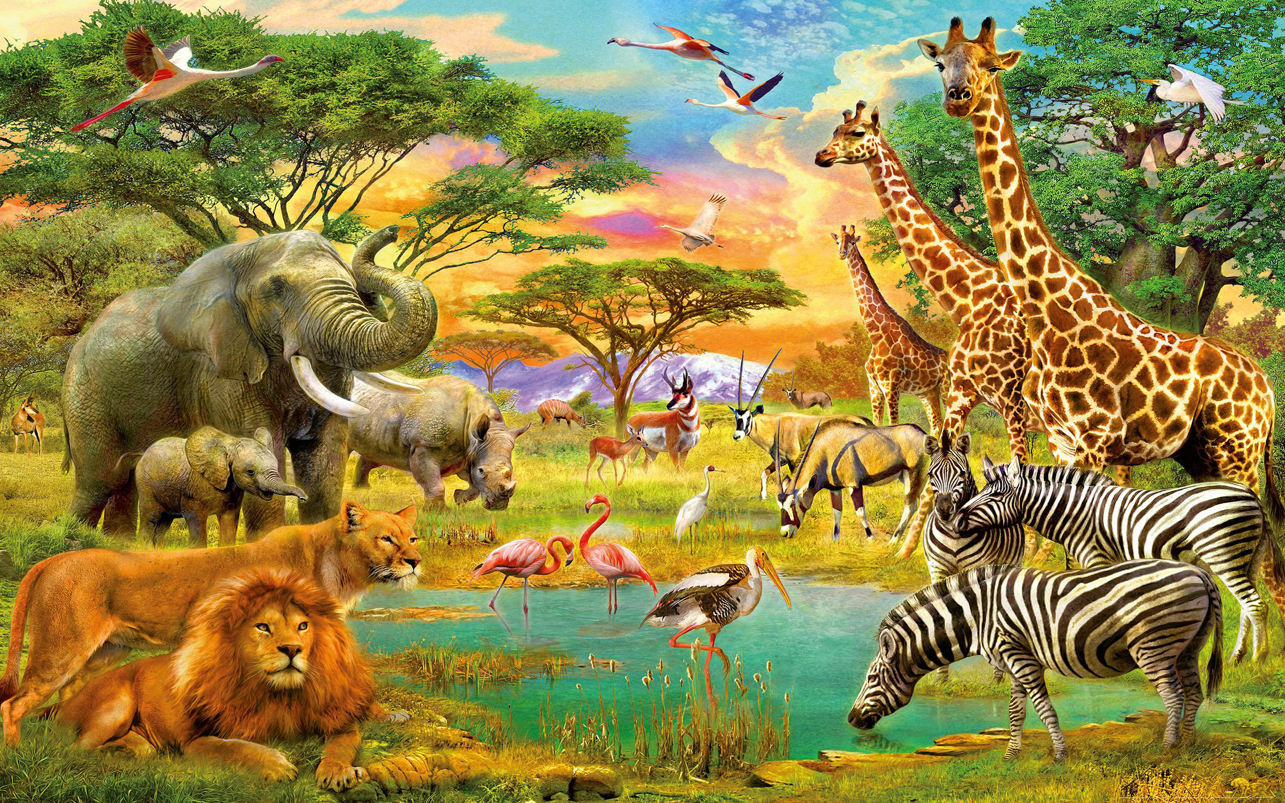 2560x1600 African Animals Jungle Lion Zebra Giraffe Elephants Flamingo Art Wallpaper  Hd 1920Ã1200