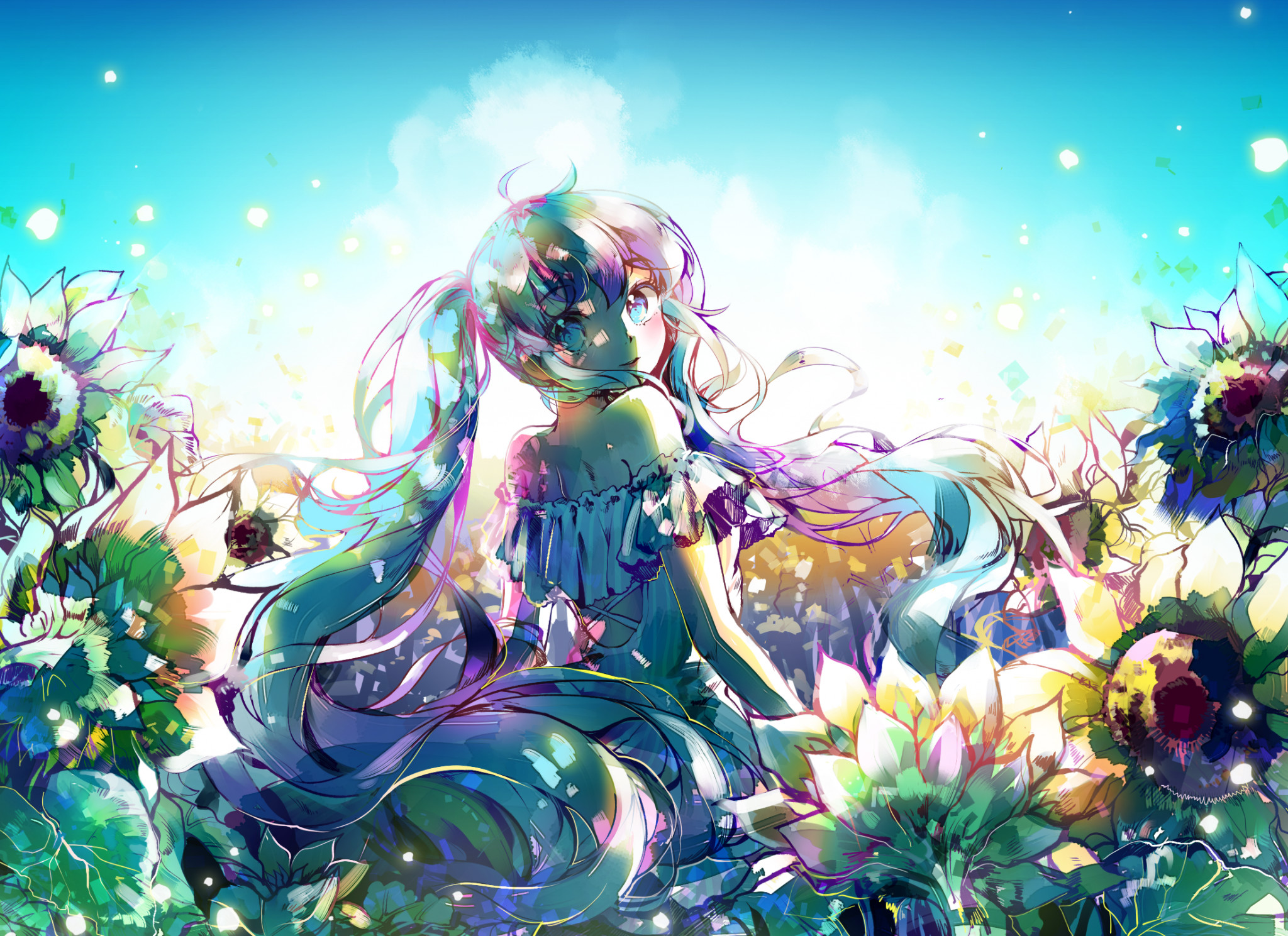 2048x1489 Hatsune Miku, Flowers, Garden, Vocaloid, Leaves