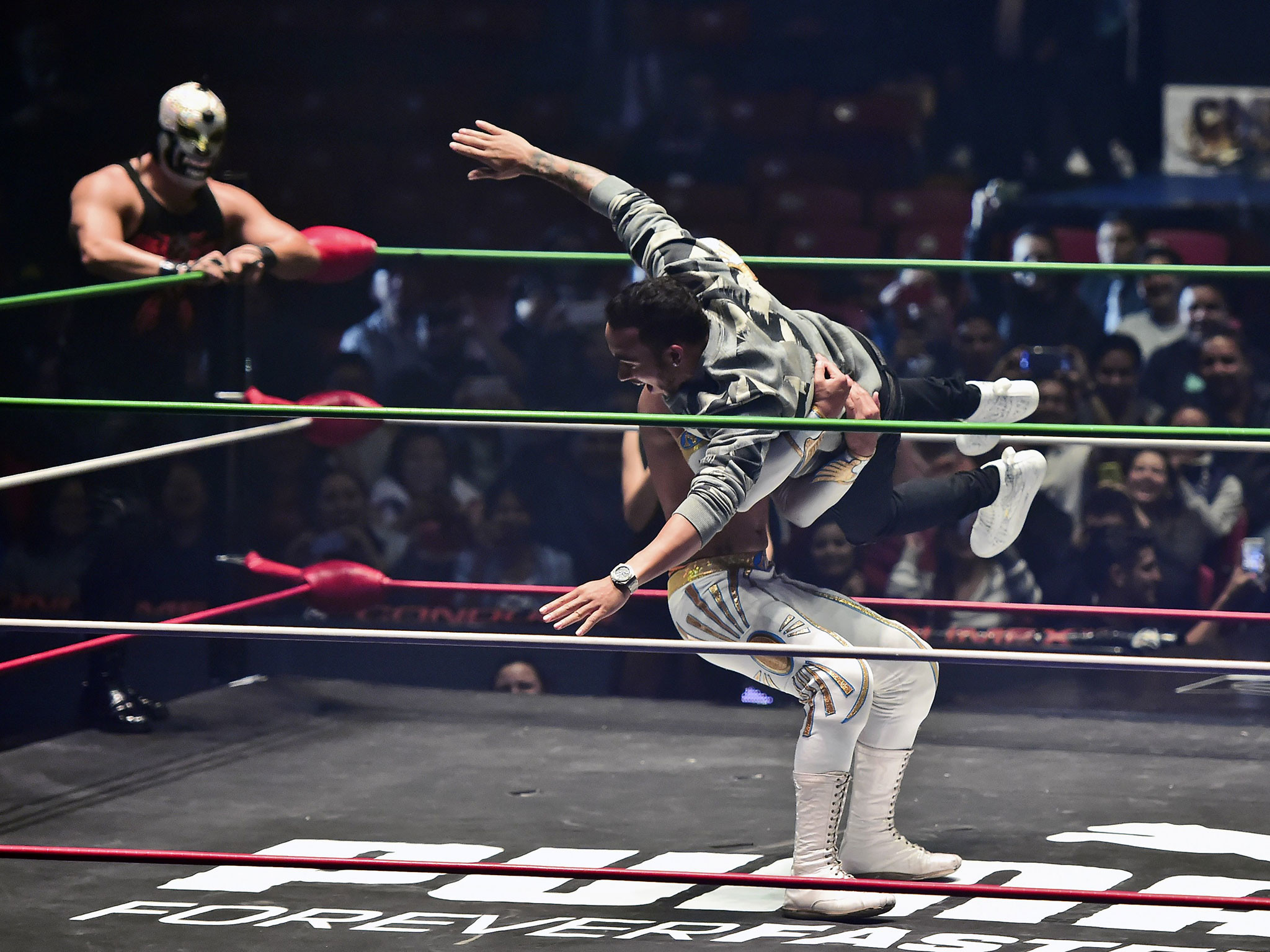 2048x1536 Lewis Hamilton storms wrestling ring and cross-body splashes opponent in  front of thousands in Mexico | The Independent