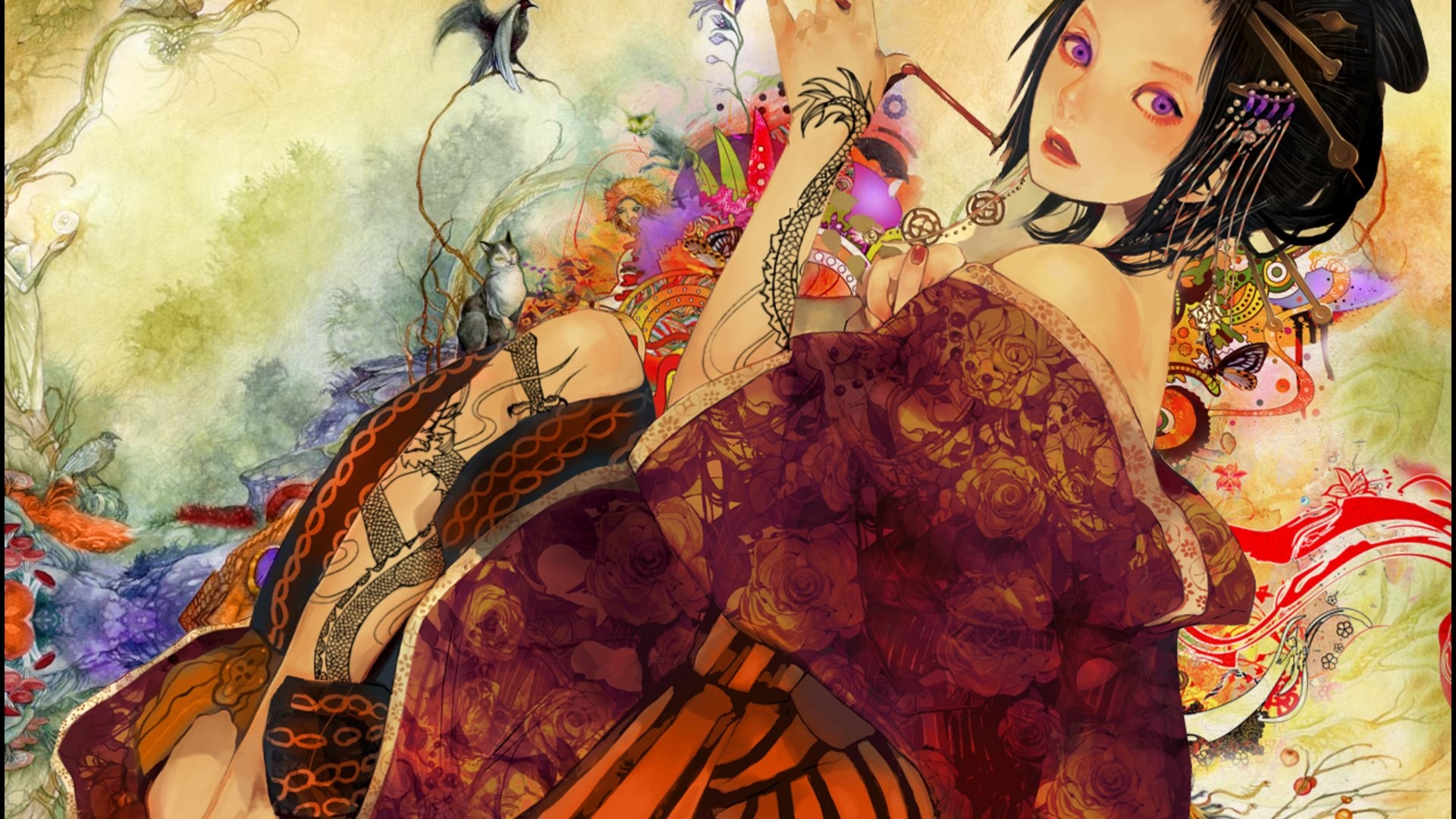 1920x1080 Tattoos geisha purple eyes Japanese clothes black hair bare shoulders  wallpaper |  | 255268 | WallpaperUP