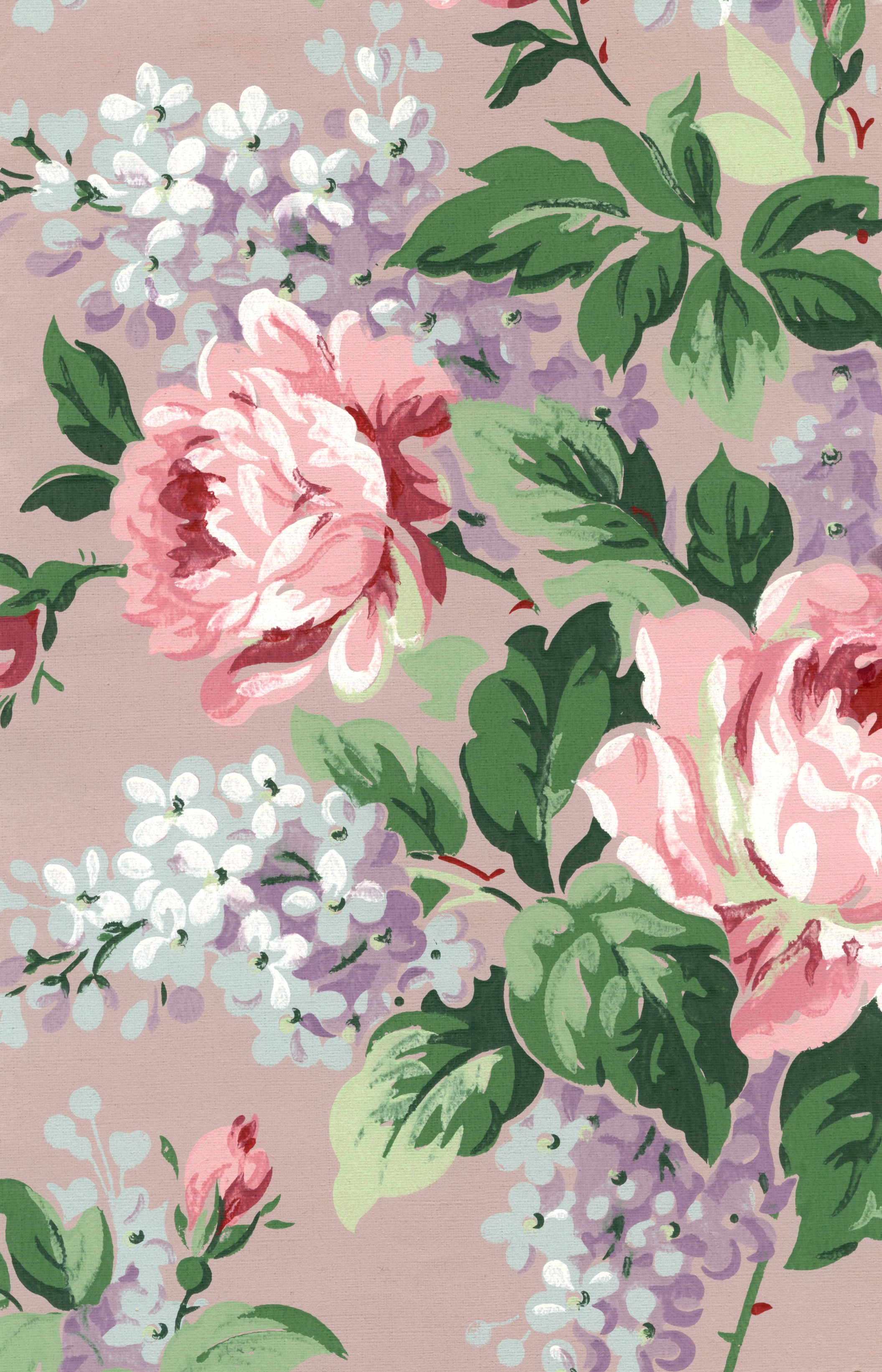 2111x3282 This Vintage Paper has a soft Rose colored background and layered on top  are beautiful Pink Cabbage Roses and Lavender Lilacs.