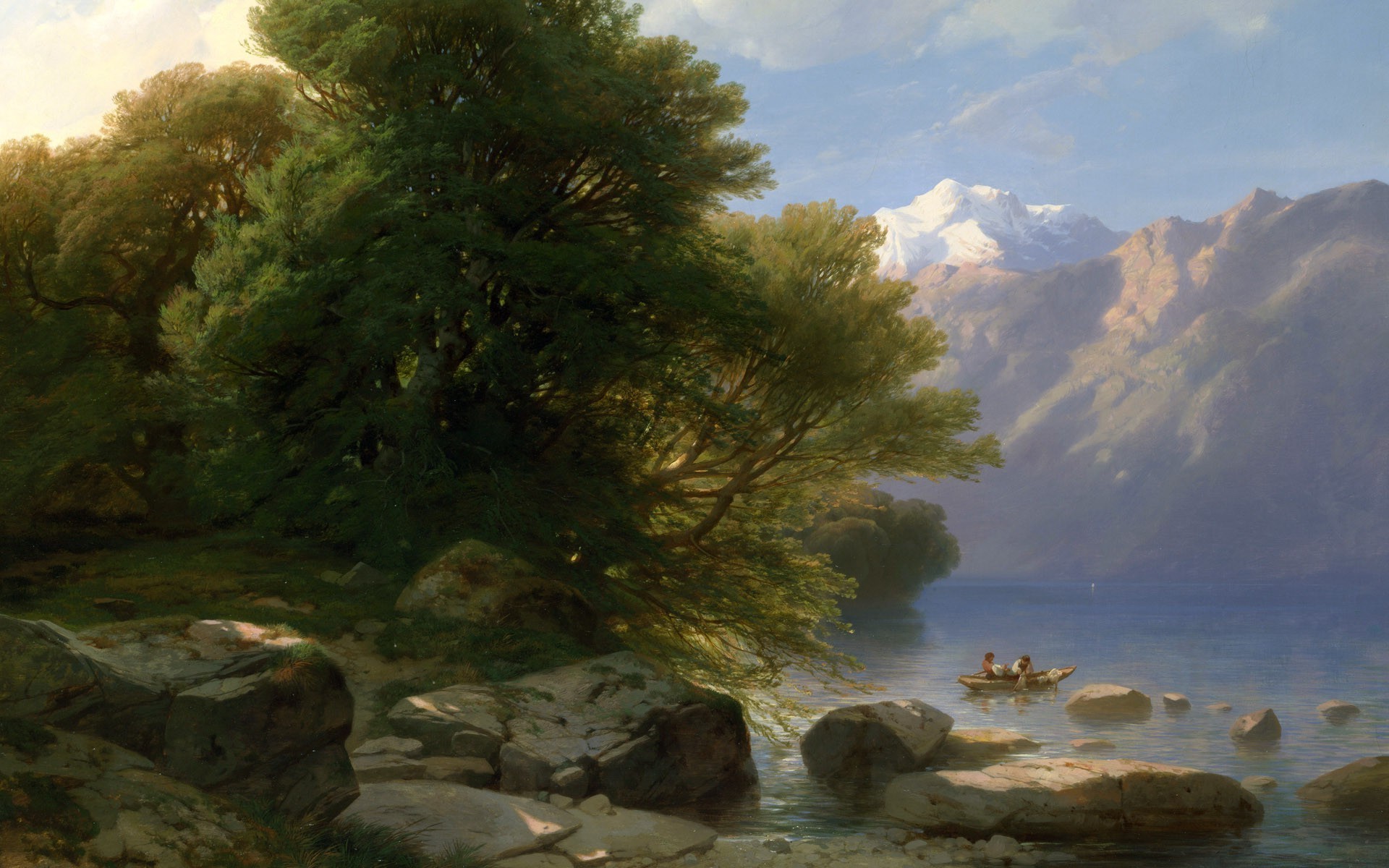 1920x1200 painting, Boat, Rock, Trees, River, Classic Art Wallpapers HD / Desktop and  Mobile Backgrounds