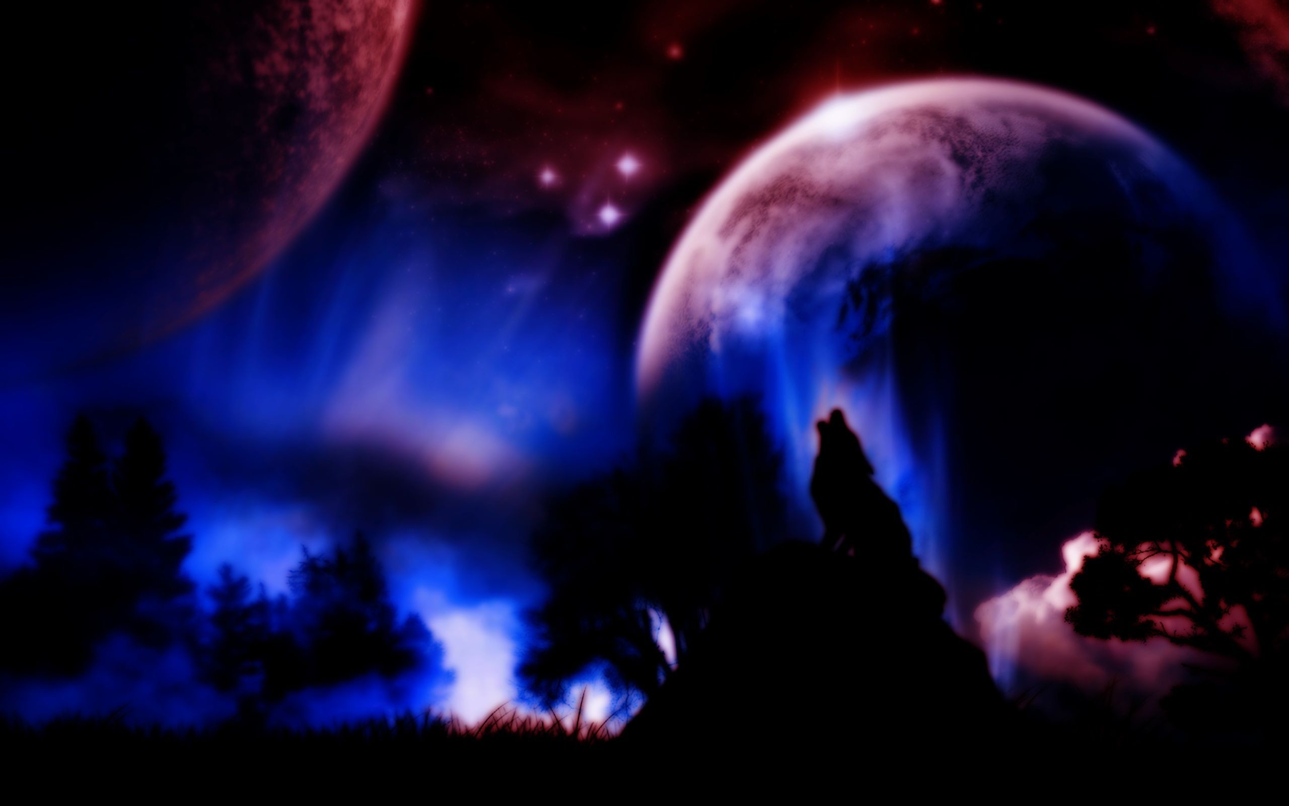 2560x1600 Wolf howling at the moon, planet, night, fantasy,  HD .