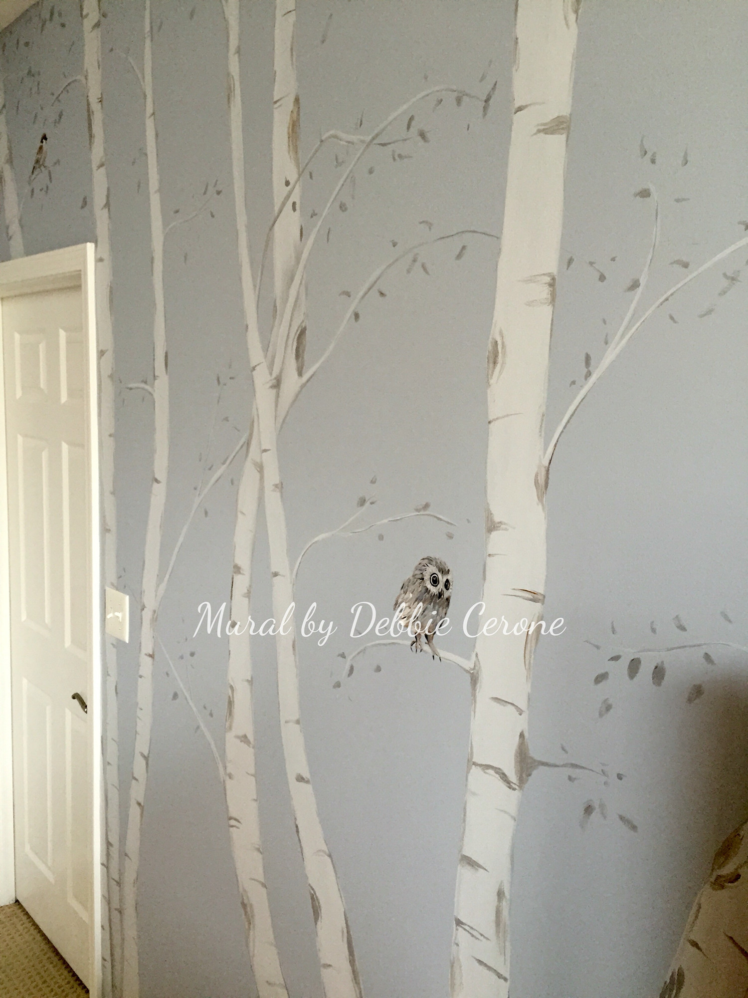 1500x2000 Contemporary birch tree mural with cute baby owl and birds, by Chicago area  artist,