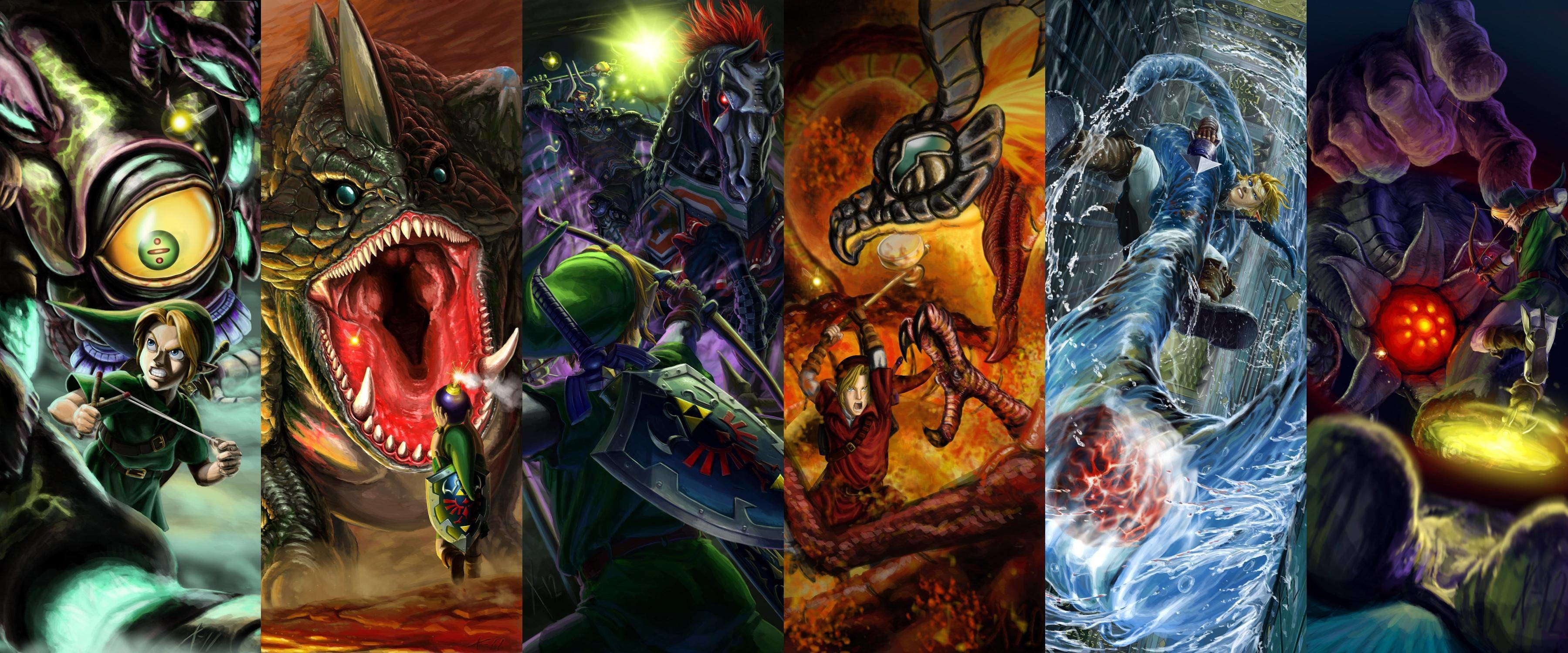 3599x1500 Ocarina of Time boss battles (Gohma, Dodongo, Phantom Ganon, Volvagia,  Morpha, & Bongo Bongo) wallpaper ...