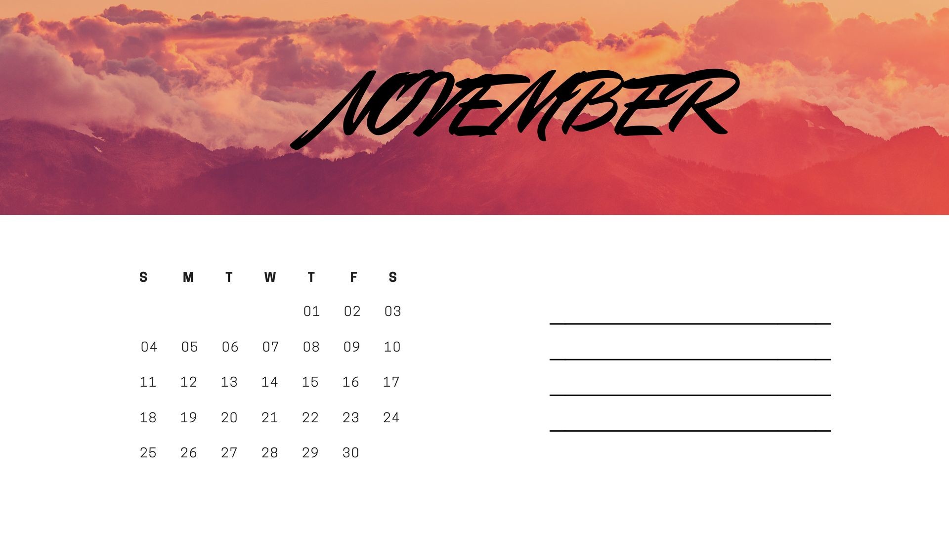 1920x1080 November 2018 HD Calendar
