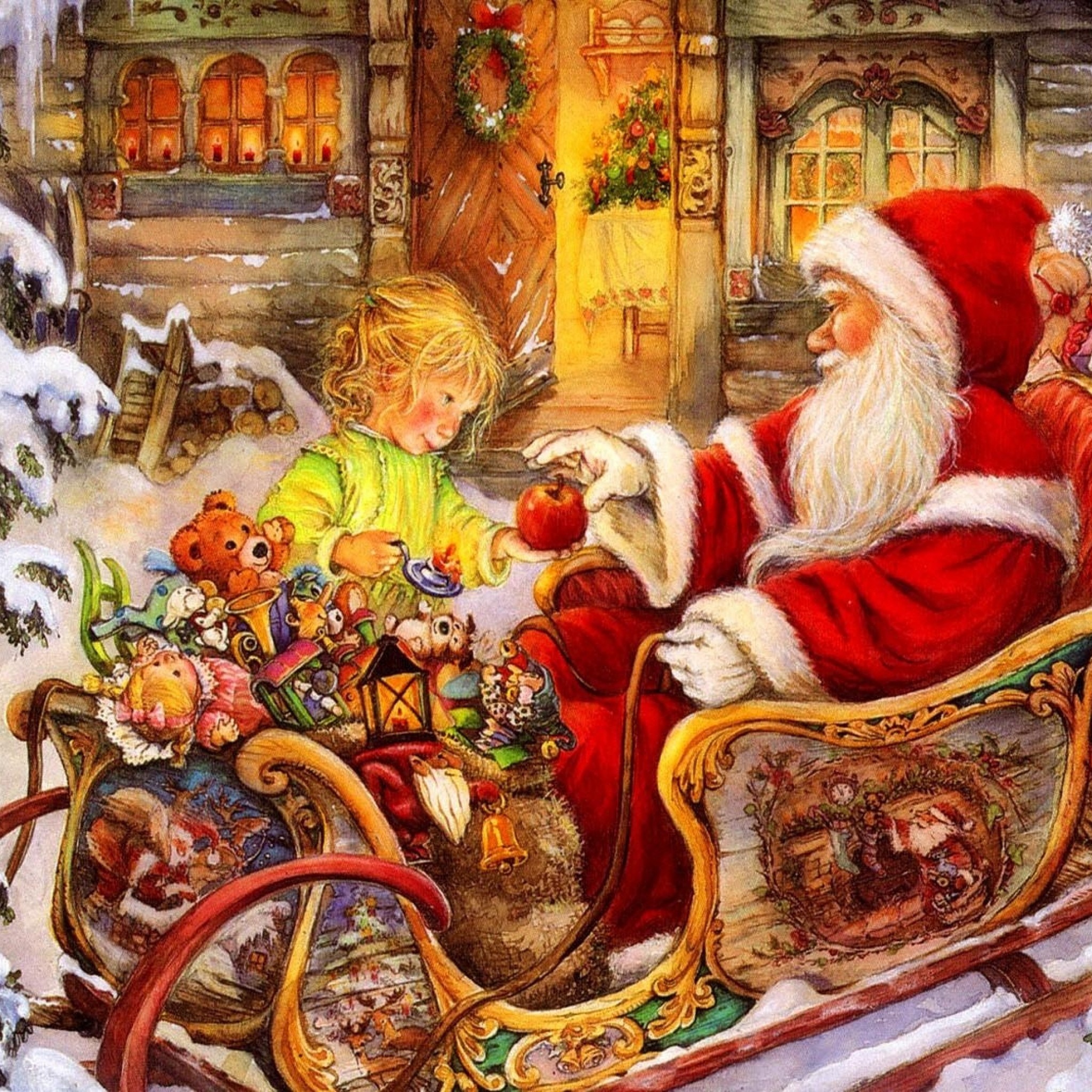 2048x2048  Wallpaper santa claus, sleigh, baby, apple, gifts, holiday,  christmas