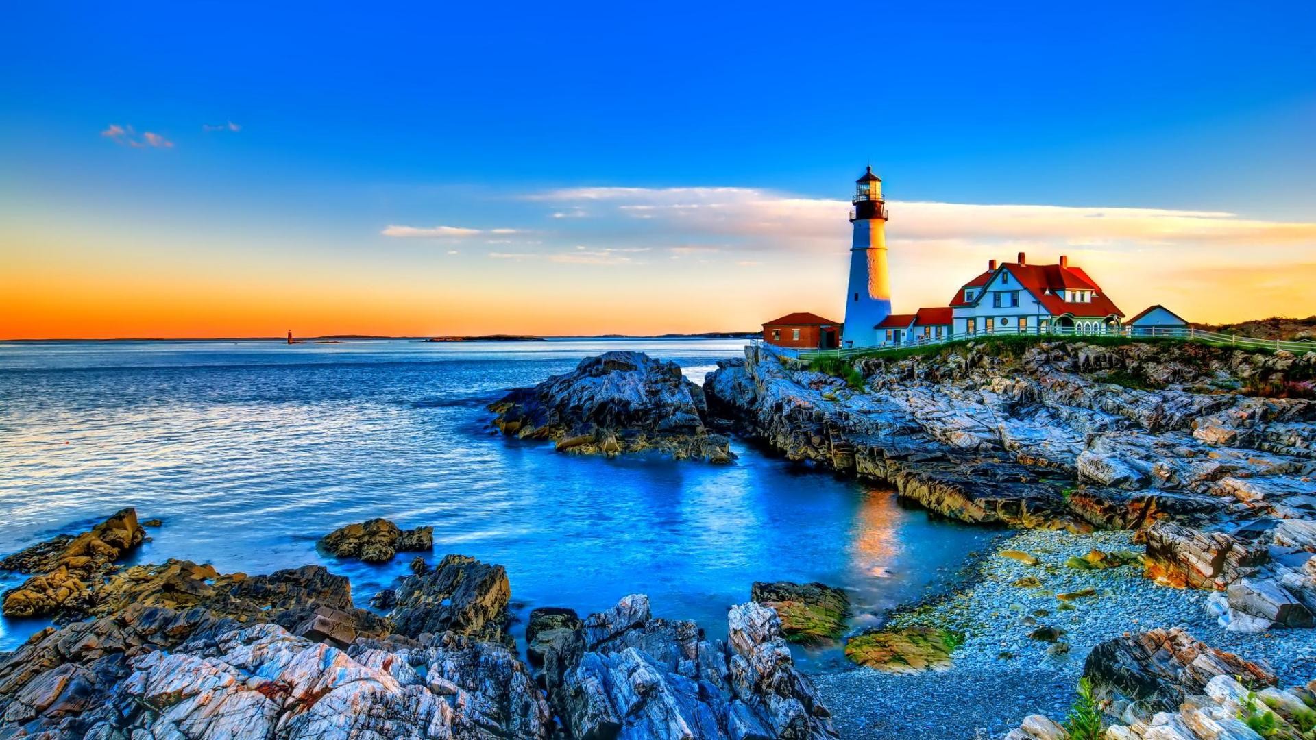 1920x1080 Gorgeous Lighthouse On A Rocky Shore Hdr HD Desktop Background wallpaper  free