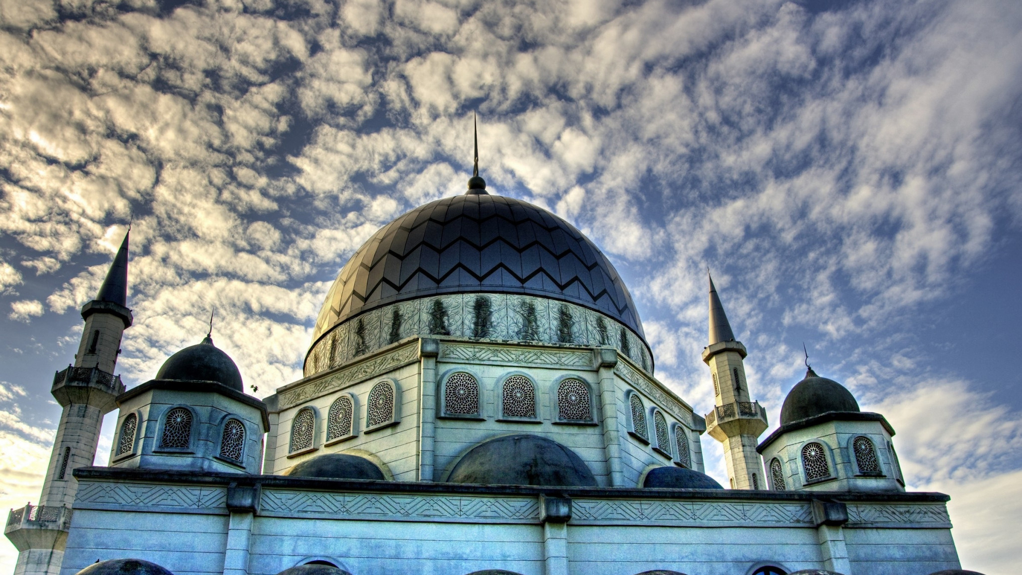 2048x1152 Preview wallpaper islam, mosque, sky, clouds, religion, building, structure,