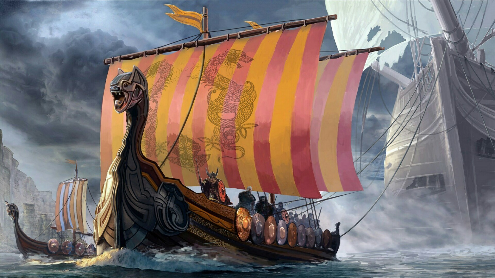1920x1080 Title. Viking dragon ships artwork