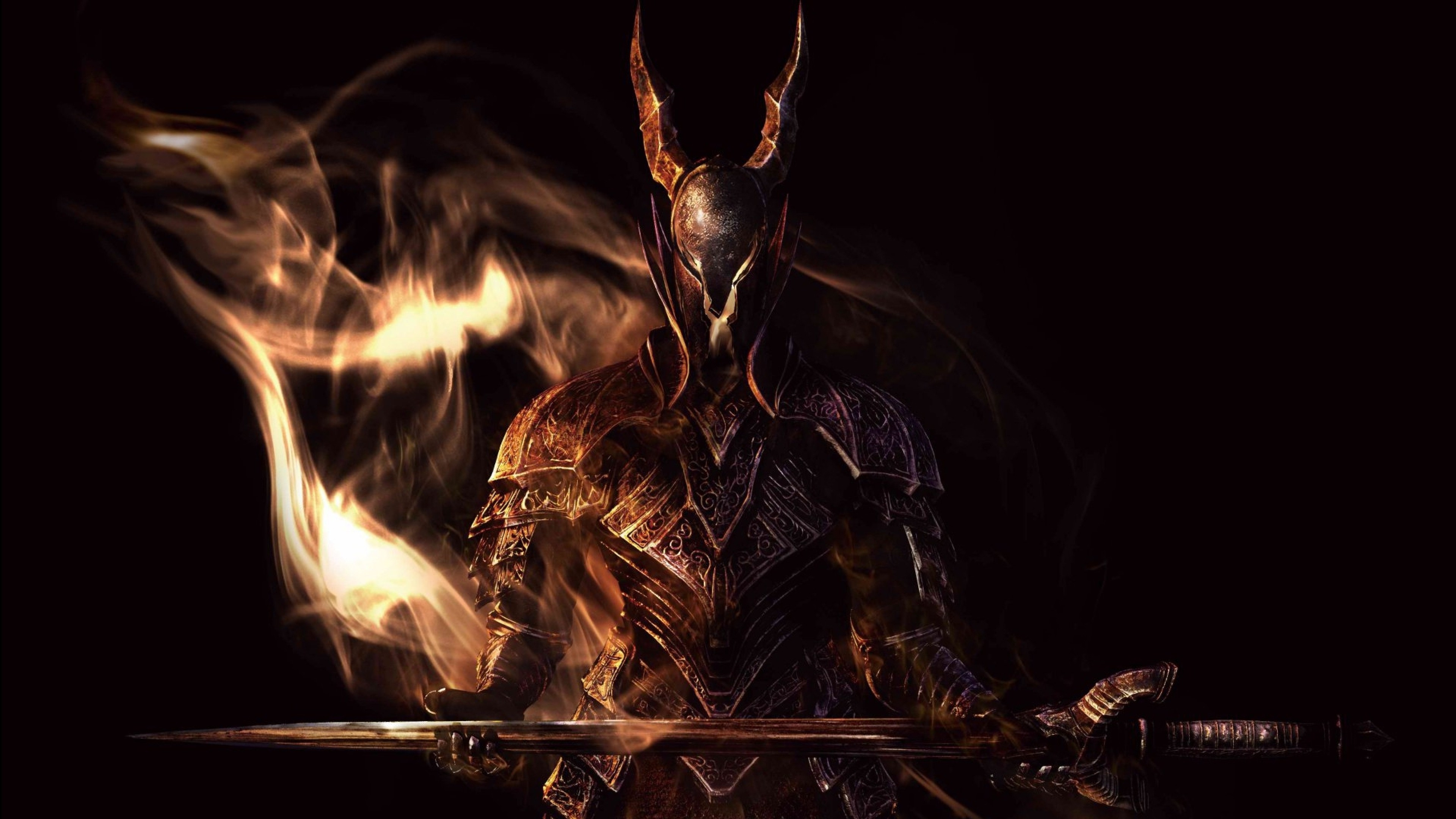 3840x2160 Preview wallpaper dark souls, sword, armor, look, smoke 