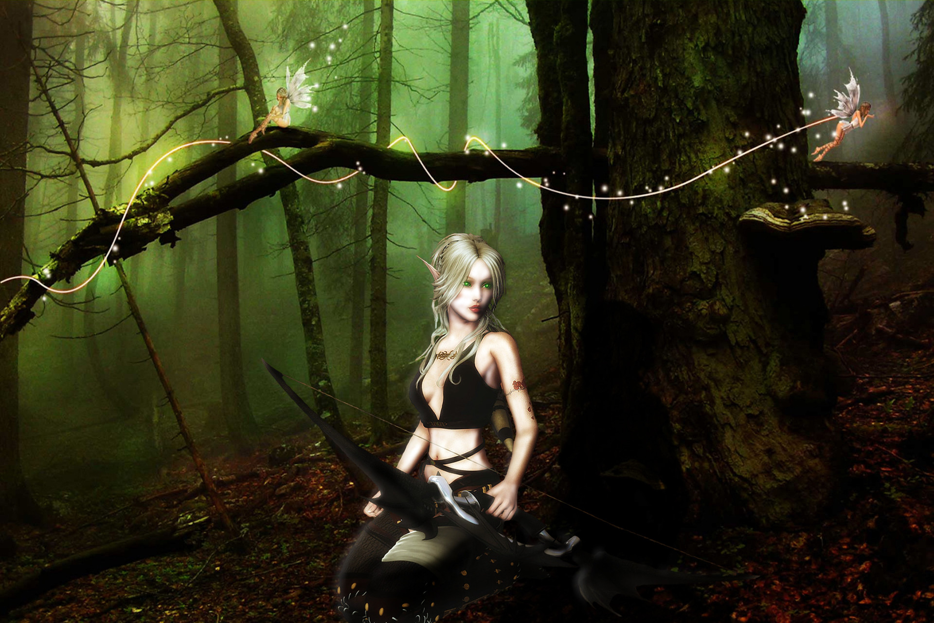 1920x1280 Fantasy - Elf Pointed Ears Green Eyes Blonde Fantasy Forest Fairy Bow  Wallpaper