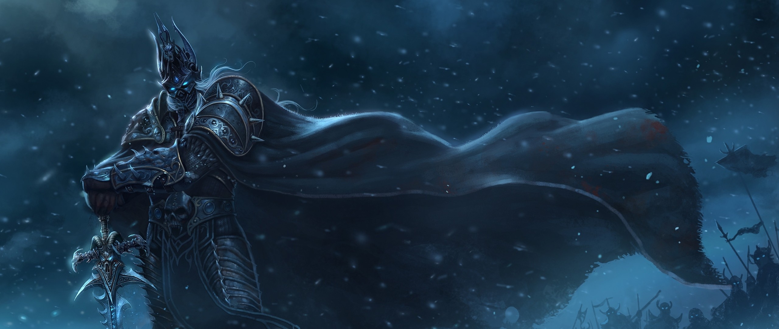 2560x1080 Preview wallpaper warcraft, lich king, sword, cloak, snow, cold 
