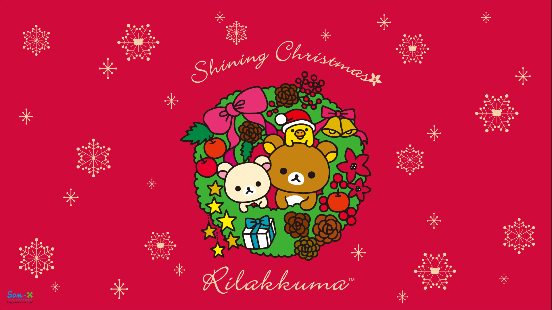 1920x1080 ... San-X's most recent Rilakkuma Christmas wallpaper is a crimson red with  snowflakes and a Christmas wreath with Rilakkuma, Korilakkuma and Kiiroit.