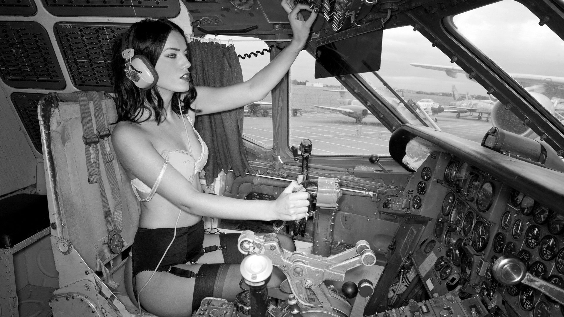 1920x1080 women monochrome model legs vehicle photography airplane aircraft lingerie  Person pinup models cockpit aviation black and