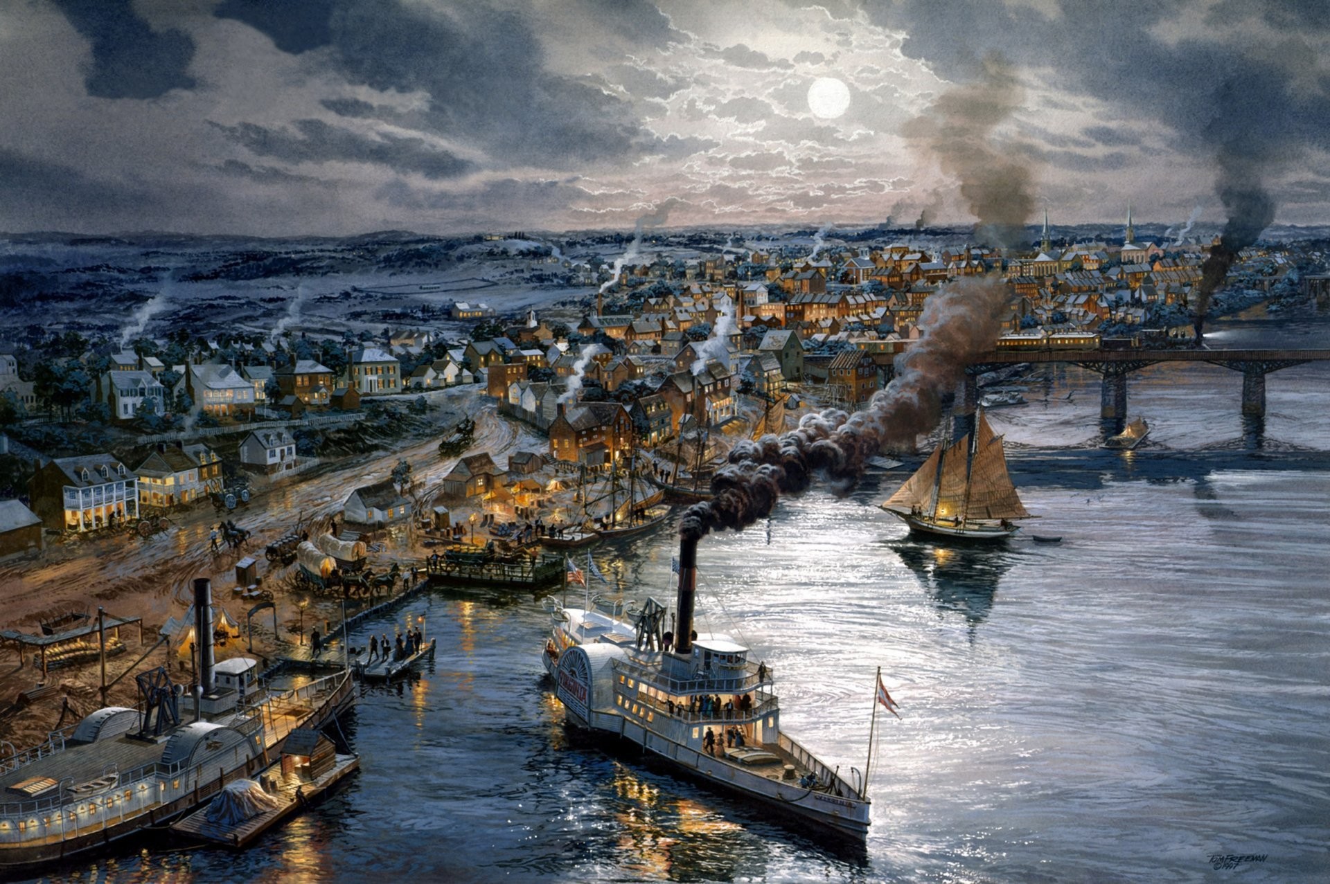 1920x1277 art navy painting ships a president's legacy ocean pier town night house  bridge ships sailboats to