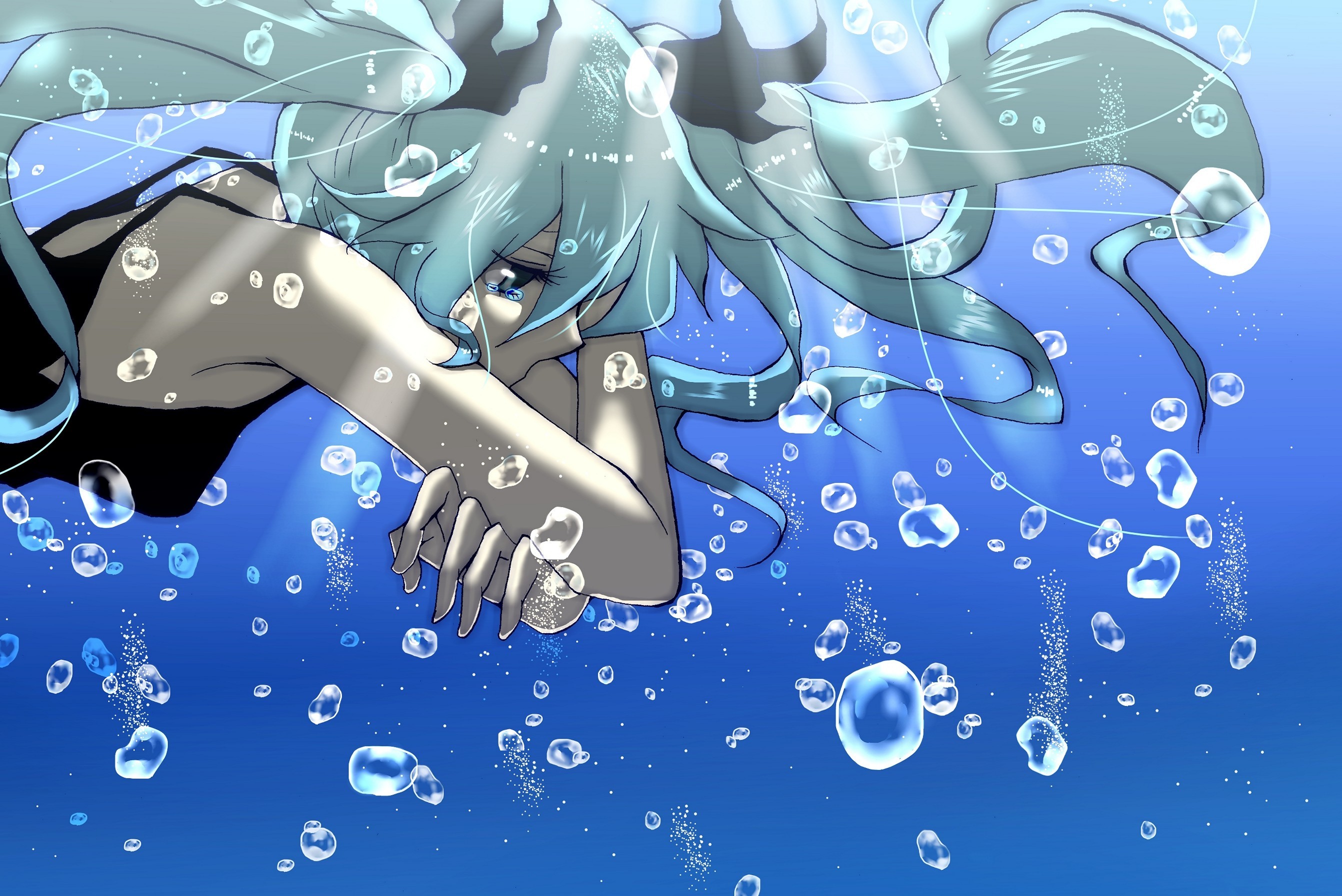 2684x1793 Girl Water Bubbles Sadness Classy Sad Anime Wallpaper