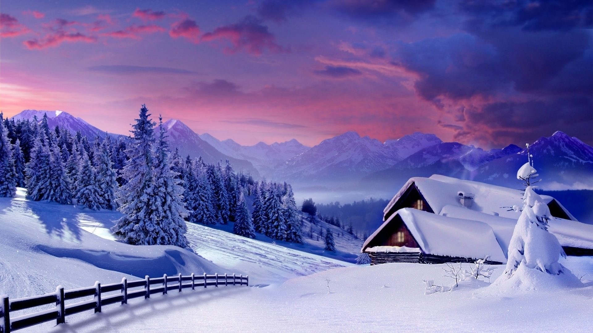 1920x1080 Winter: Clouds Cottages Pink Mountain Landscape Cabins Nature with regard  to Christmas Cabin And Tree