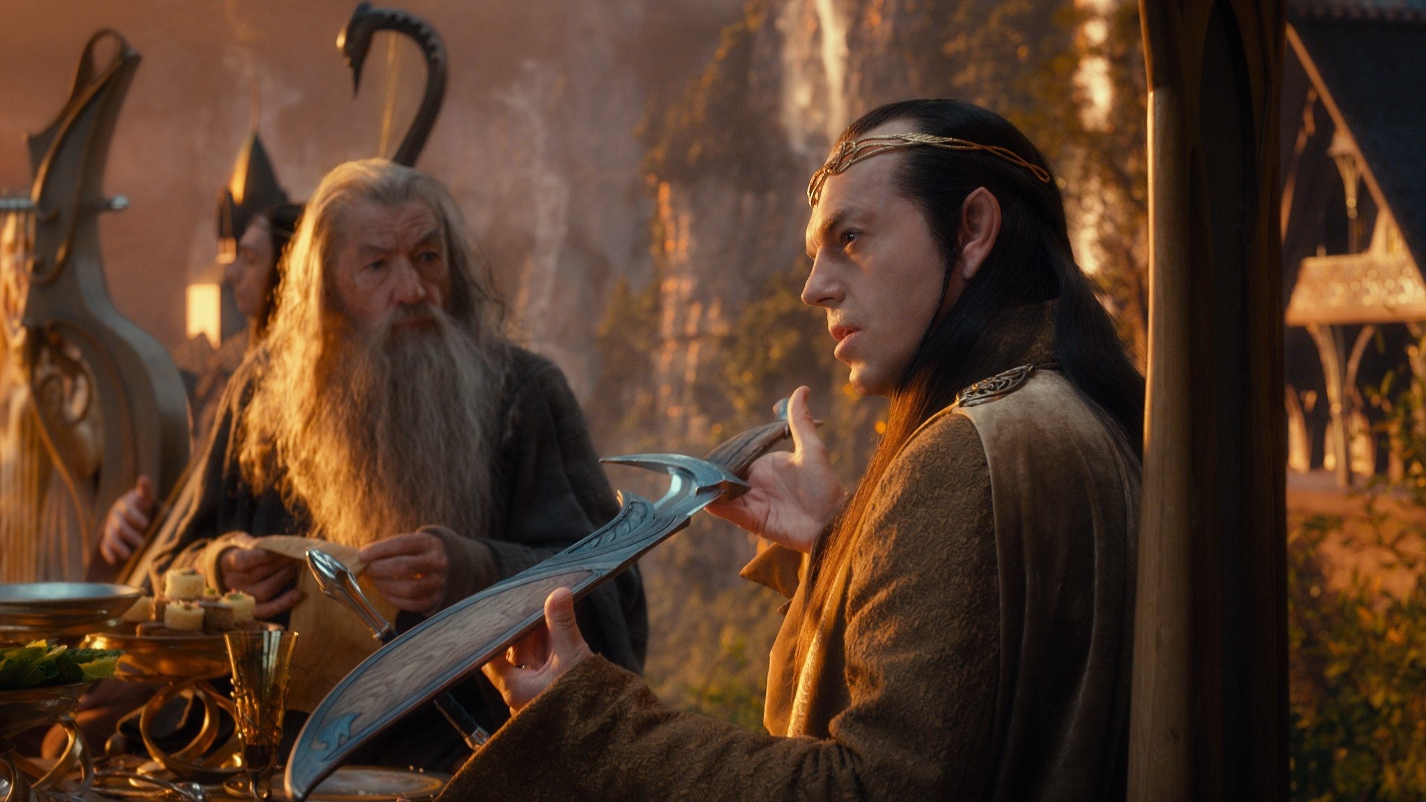2048x1152 Movies Gandalf The Hobbit Hugo Weaving Ian Mckellen swords Elrond Rivendell  wallpaper |  | 288398 | WallpaperUP