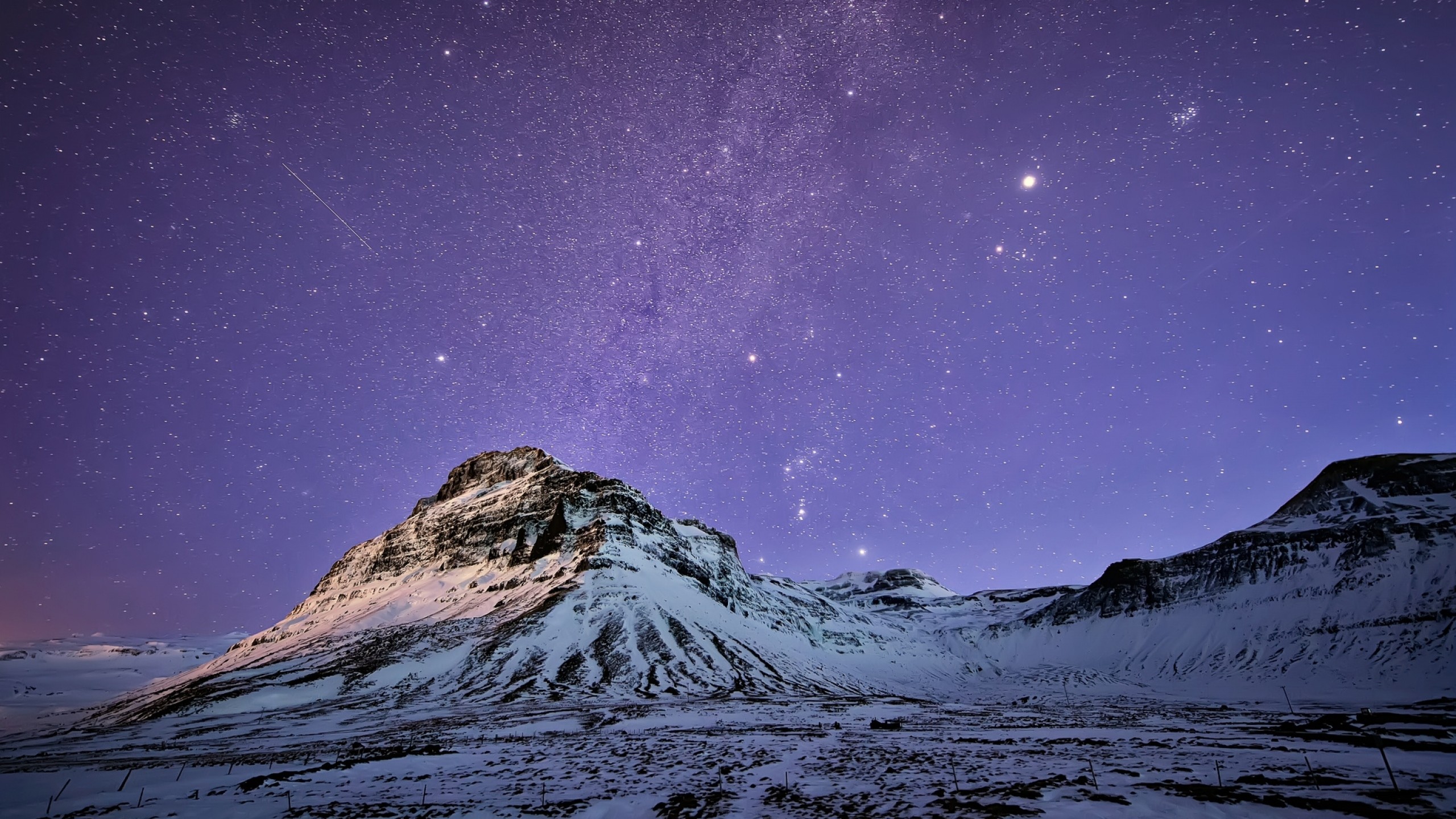 2560x1440 Preview wallpaper iceland, mountains, snow, night, lilac, sky, stars,