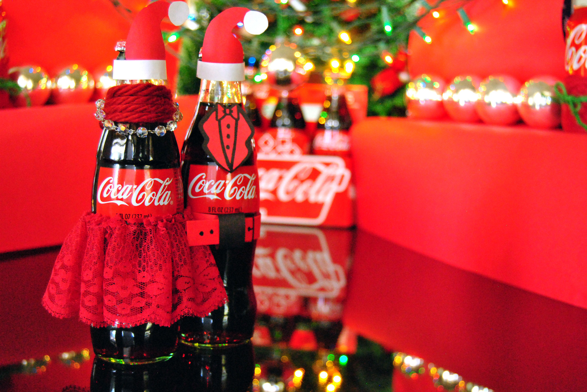 1920x1285 coca cola christmas dress up with bottles of coke and lights in the  background