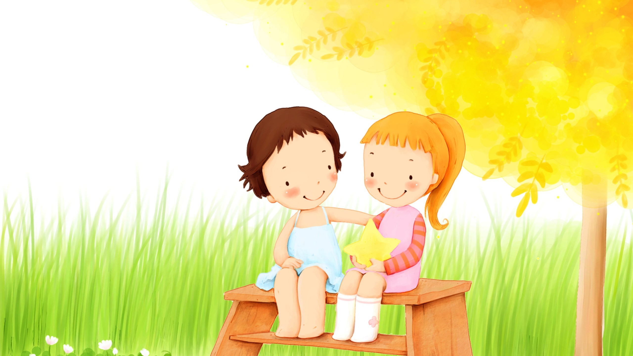 2560x1440  Wallpaper children, girls, smile, star, flowers, grass, tree,