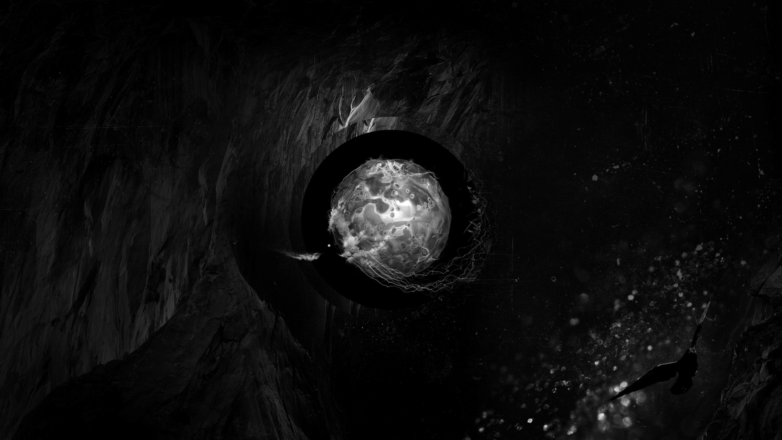 2560x1440  Wallpaper cave, bird, ball, stone, dark, shadow