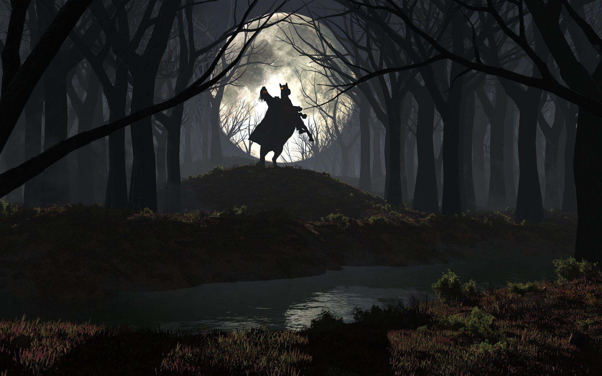 1920x1200 Spooky Night Wallpaper Rider in the spooky forest 