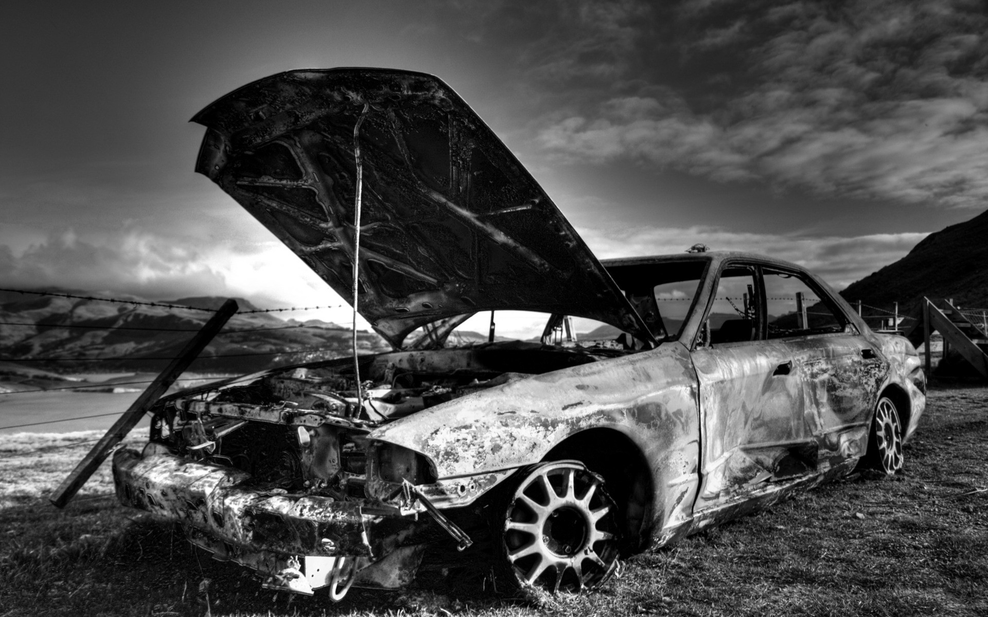 1920x1200 cool black and white backgrounds car wreckage opened outdoor