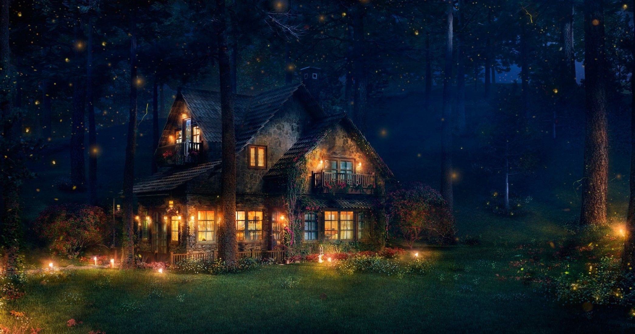 2090x1100 the firefly cottage forest fireflies art house