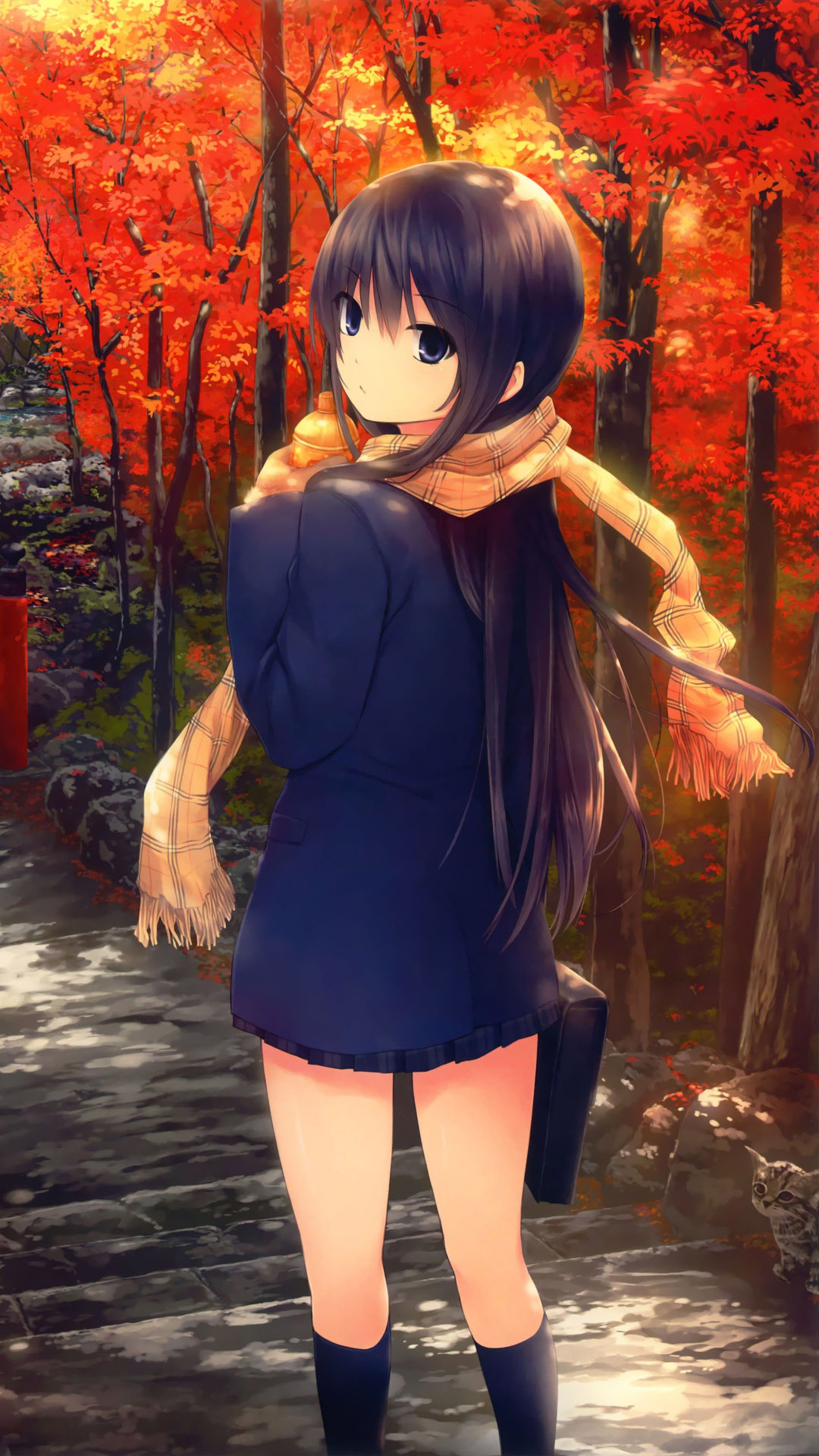 1080x1920 ... Girl walking on a fall day Anime mobile wallpaper