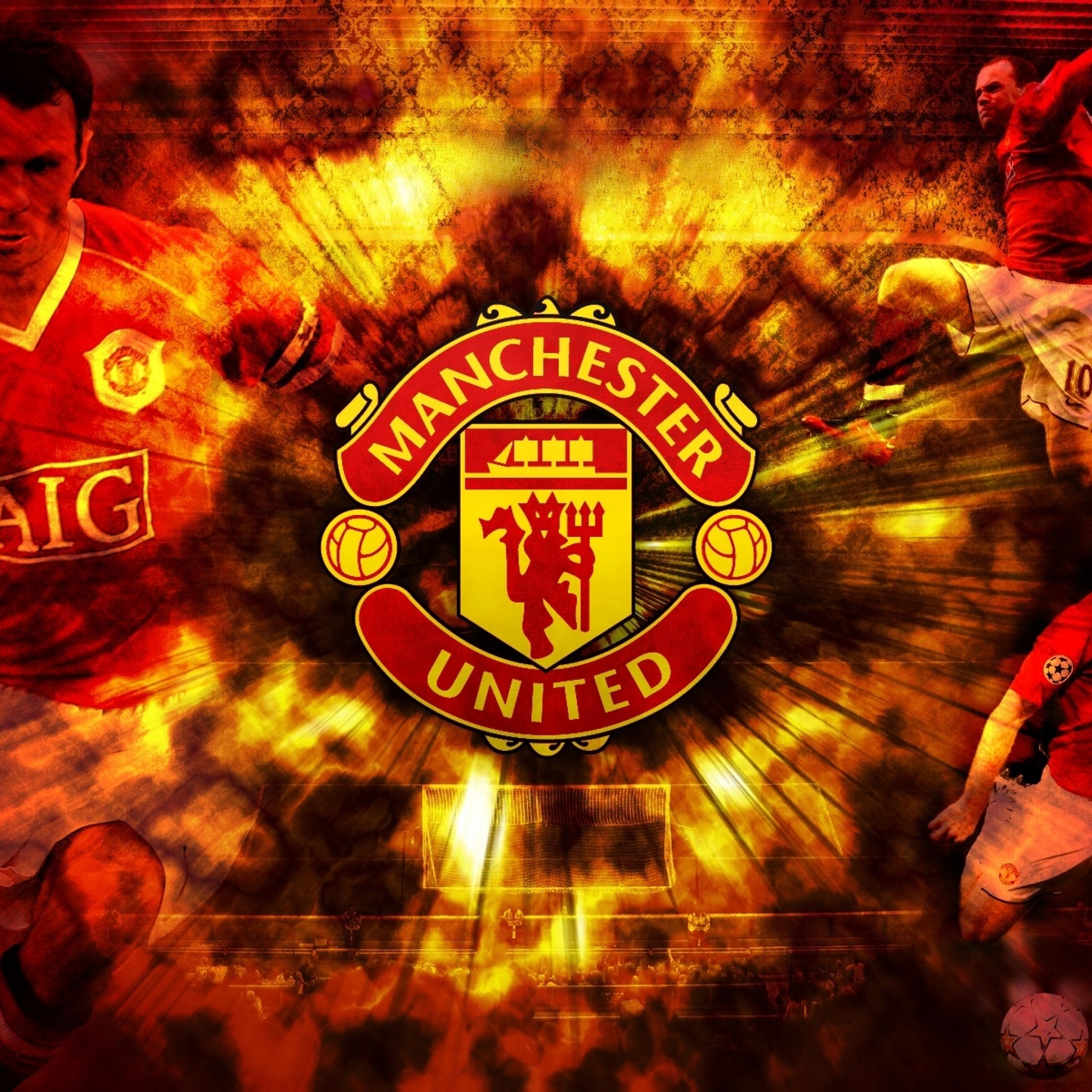 2048x2048 Preview wallpaper manchester united, background, inscription, players,  symbol, club, football