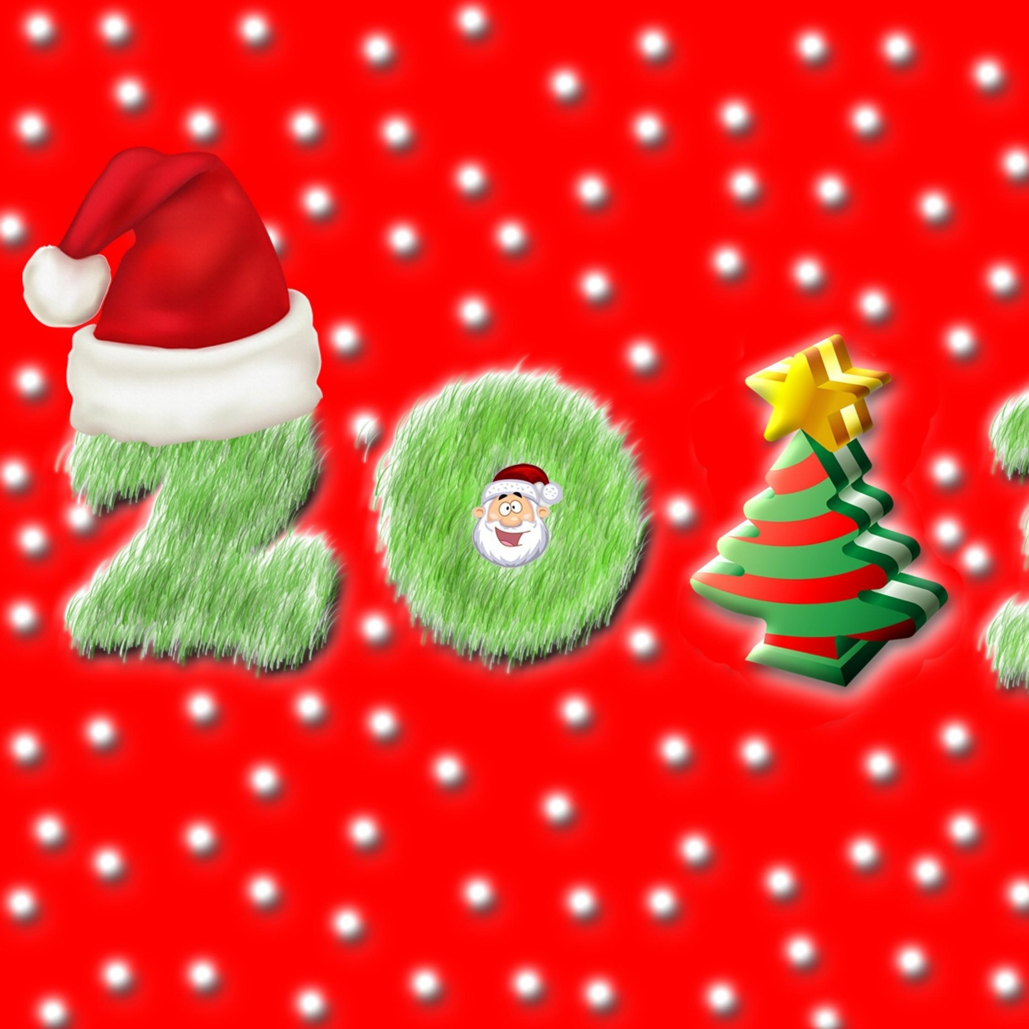 2048x2048  Wallpaper new year, digits, hat, christmas tree, santa claus