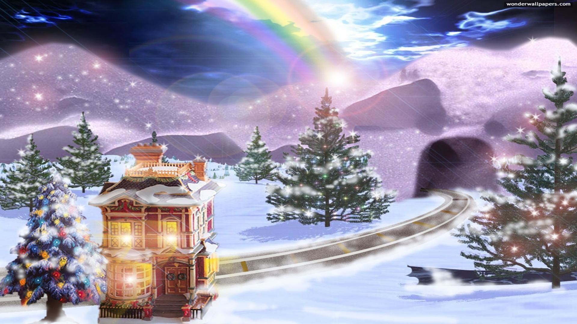 1920x1080 christmas scene rainbow winter picture and wallpaper