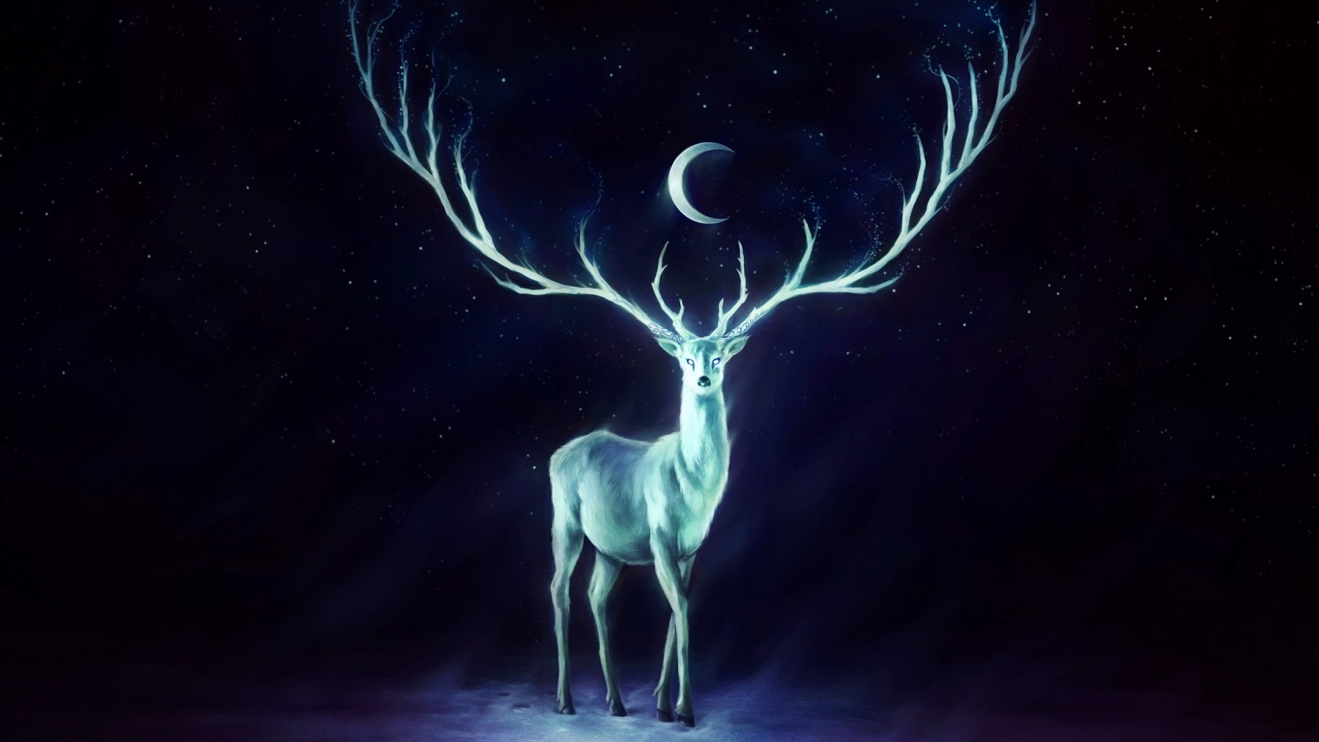 1920x1080 Preview wallpaper deer, horns, moon, stars 