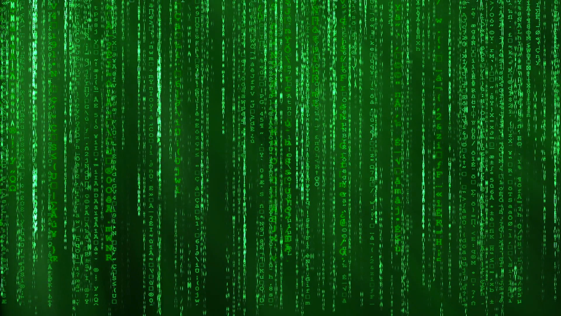 1920x1080 Green animated matrix background, computer code with symbols and characters.