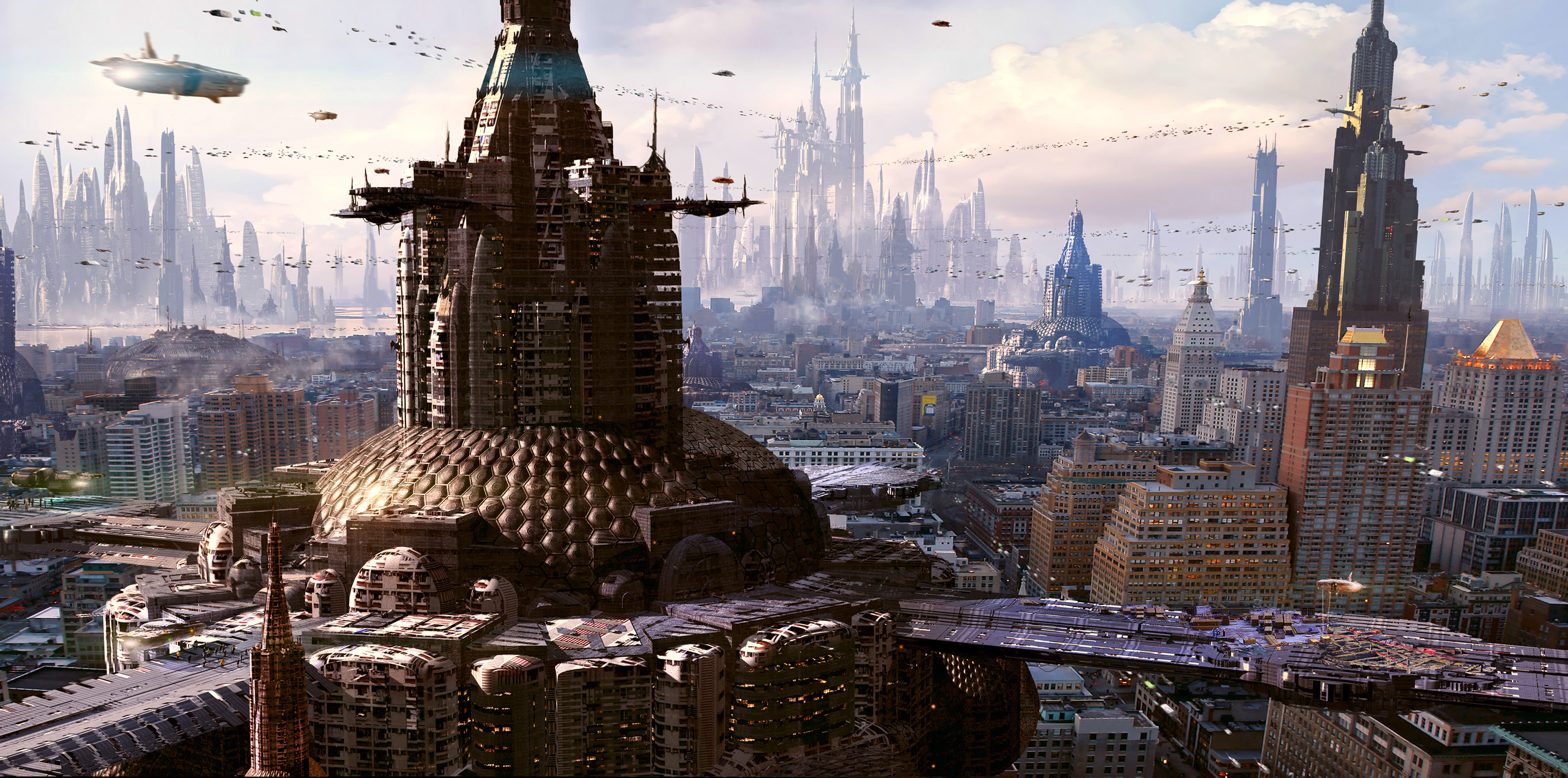 2800x1389 Download wallpaper Sci Fi City with tags: PC, City, Cityscape, Skyscraper,  Futuristic City