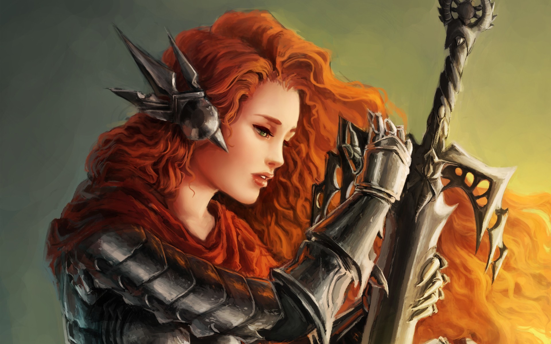1920x1200 women fantasy art armor artwork warriors orange hair swords wallpaper .