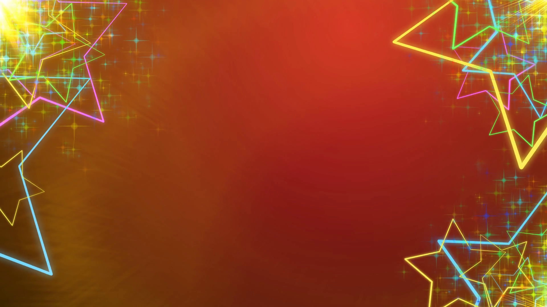 1920x1080 Red Holiday background with animated colorful stars in sides and with  copyspace in center.